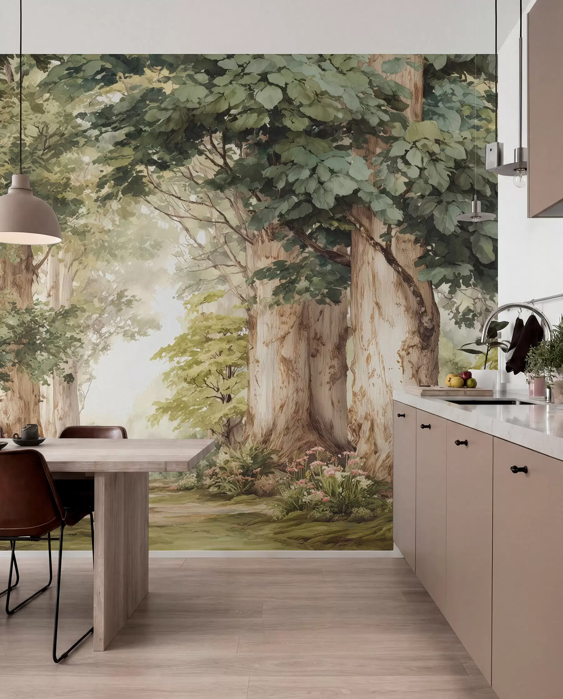 Fototapete Waldweg zwischen majestätischen Bäumen im Aquarellstil w09404