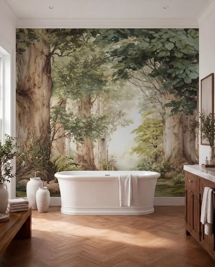Fototapete Waldweg zwischen majestätischen Bäumen im Aquarellstil w09404