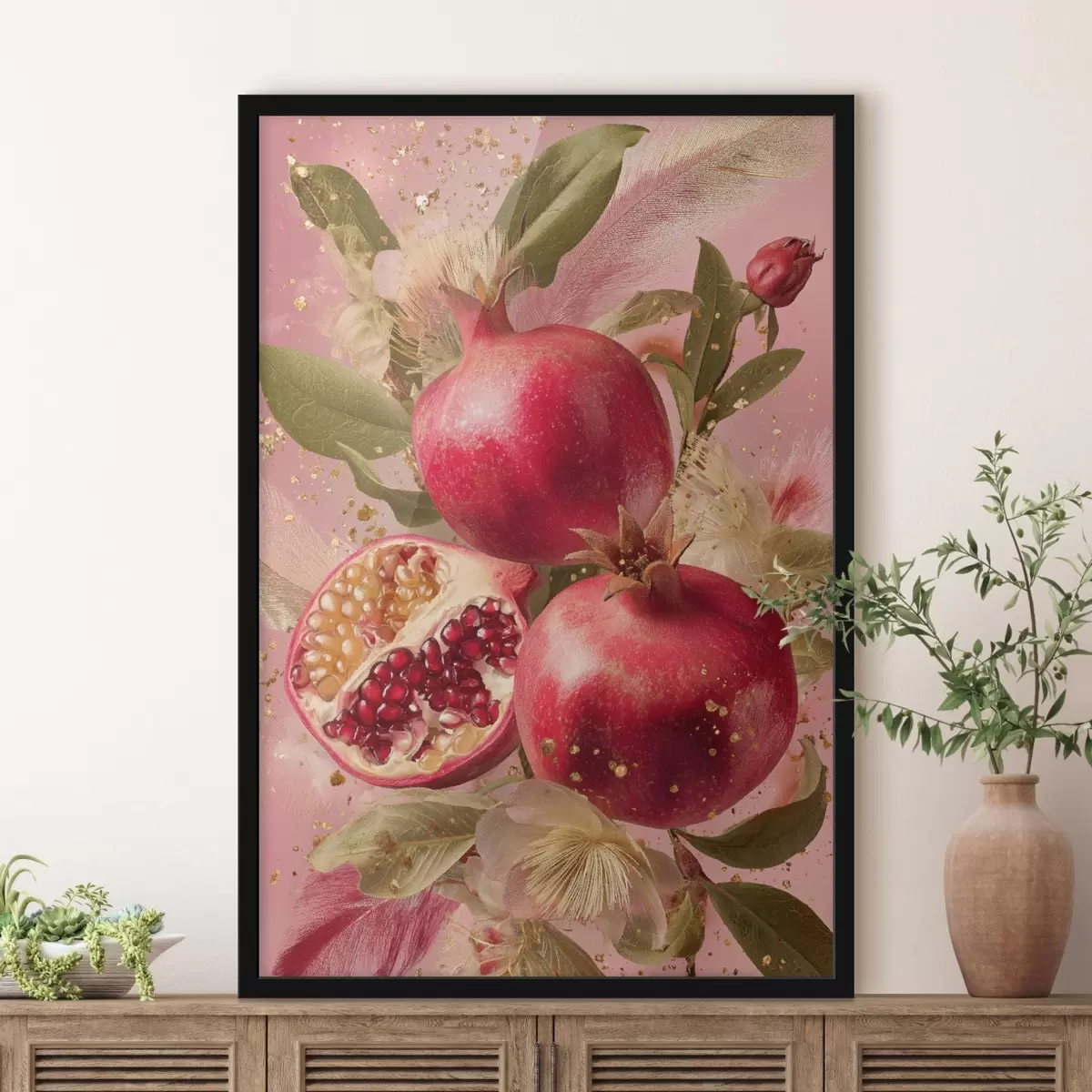 Poster Reife Granatäpfel auf rosa Hintergrund mit Blättern und Flecken f45868