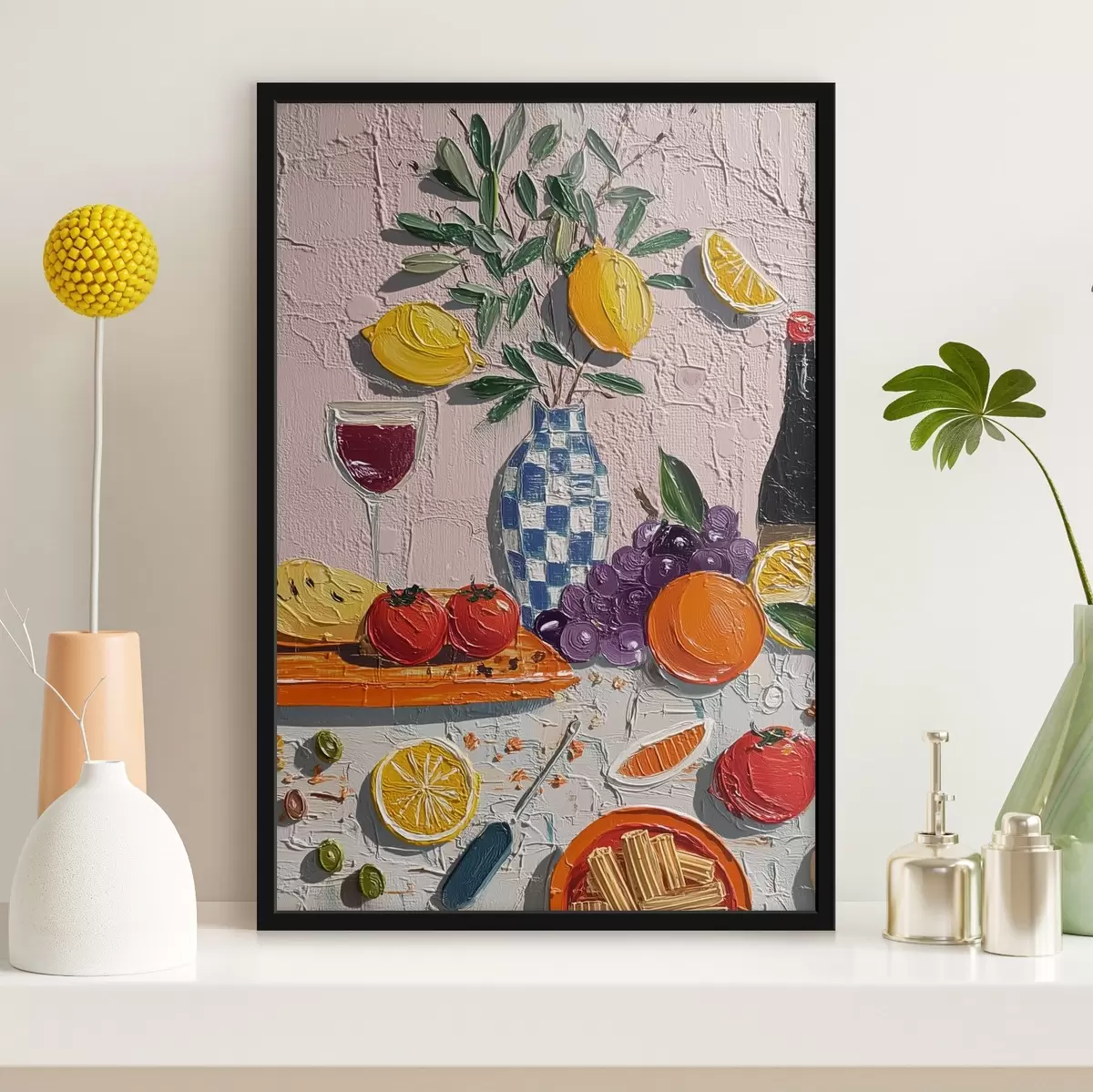 Poster Pastell-Stillleben: Zitronen, Trauben und Tomaten, Impasto f45876