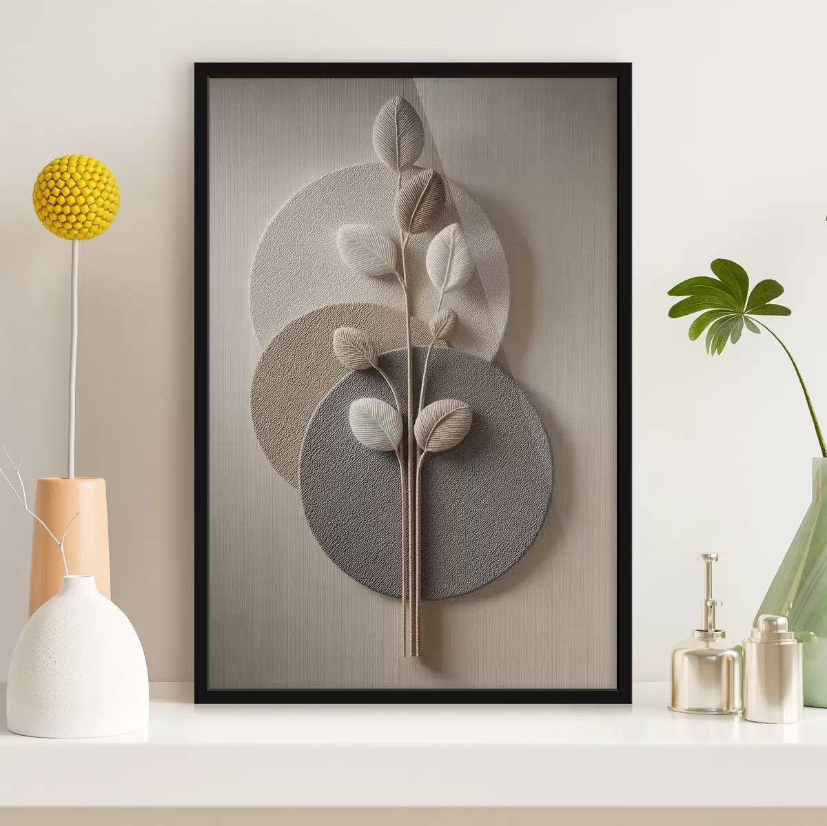 Poster Reliefkreise und ein Ast in warmen, neutralen Farbtönen f45883