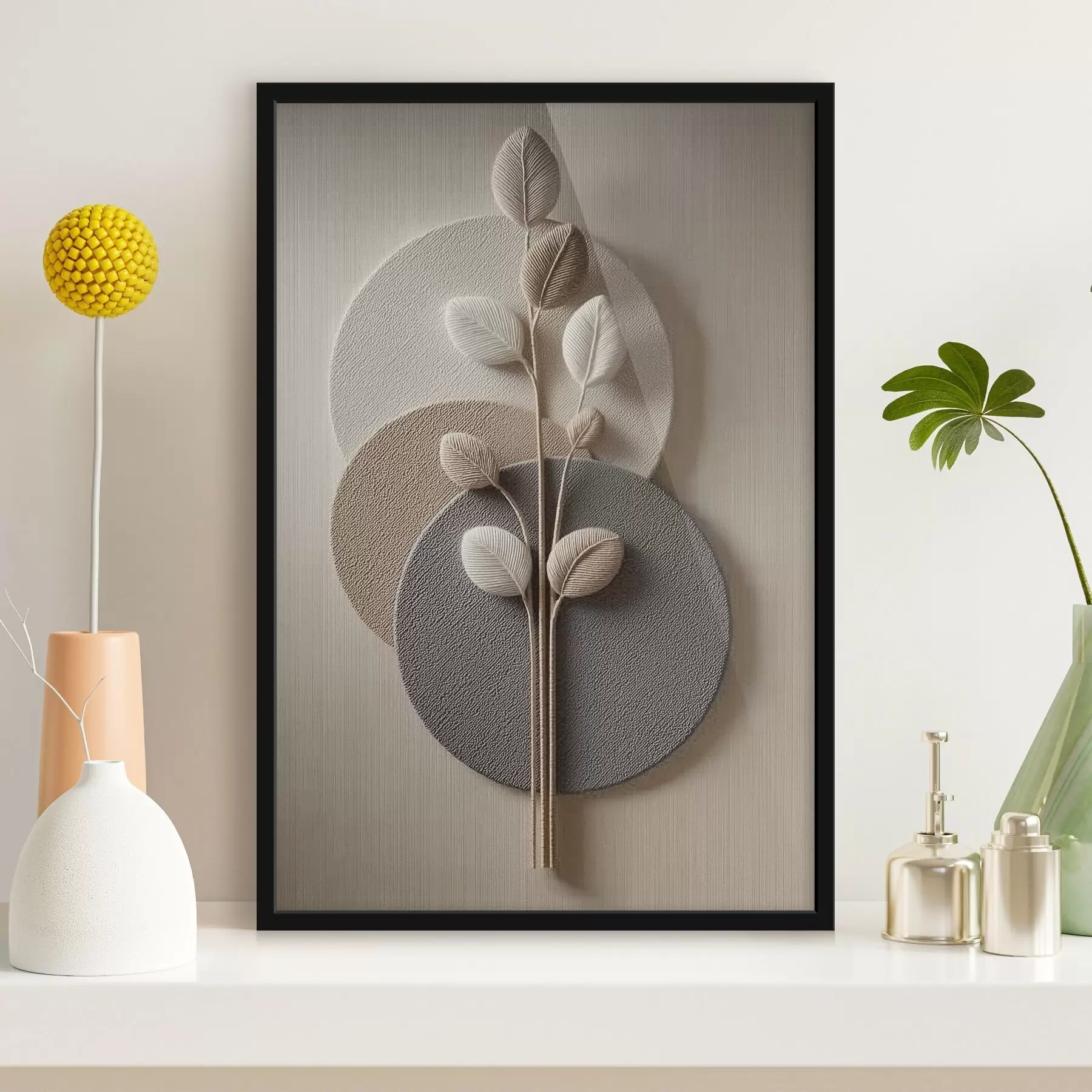 Fototapete Reliefkreise und ein Ast in warmen, neutralen Farbtönen f45883