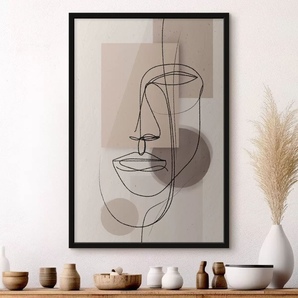 Poster Linienporträt über beigen geometrischen Formen f45886