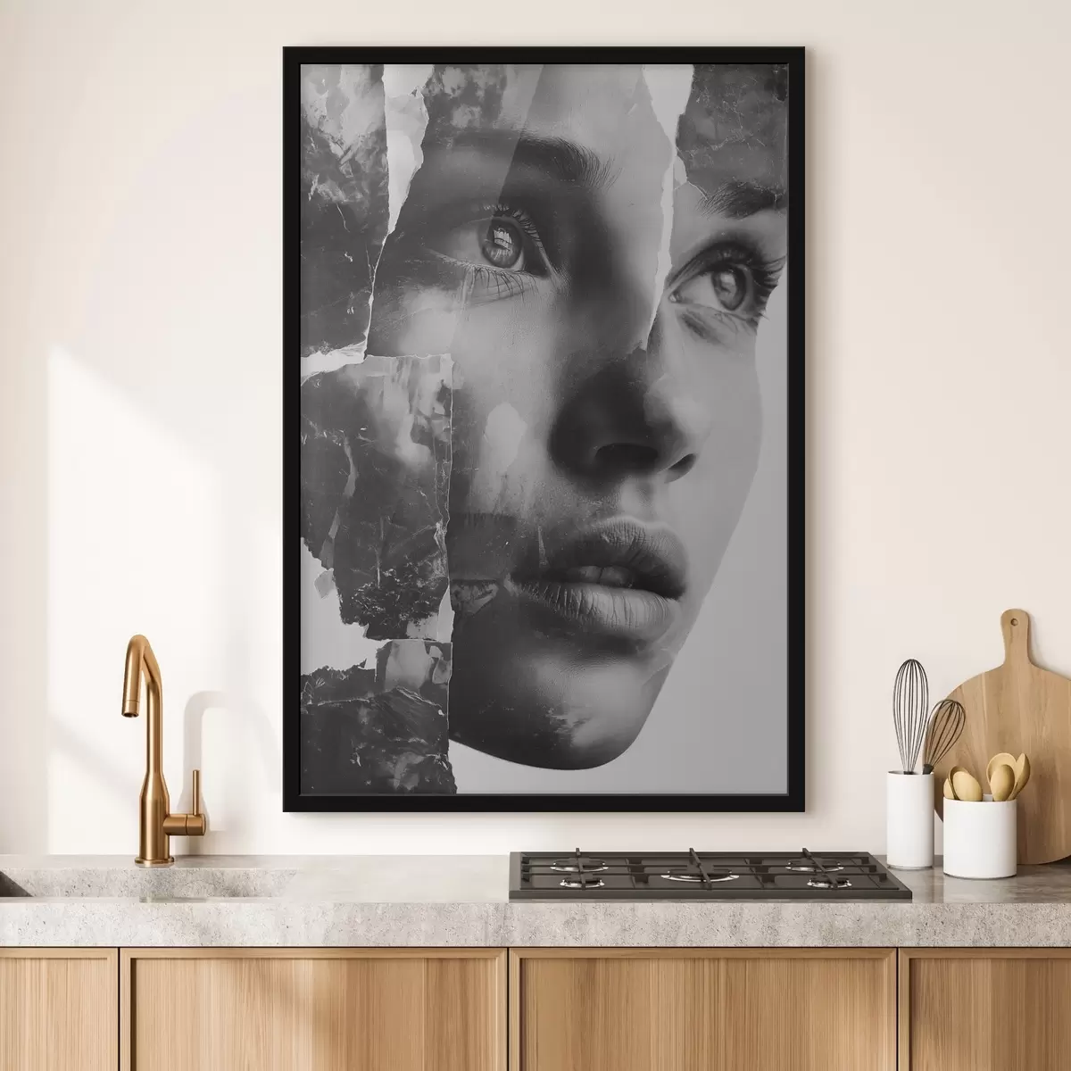 Poster Schwarz-Weiß-Collage-Porträt mit zerrissenen strukturierten Schichten f45898