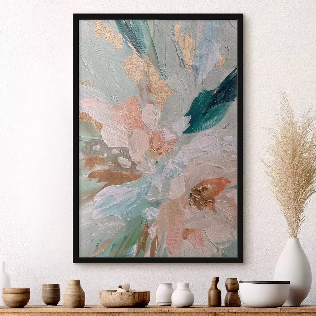 Poster Pastellfarbene Blumenstriche mit gelben Sprenkeln f45899