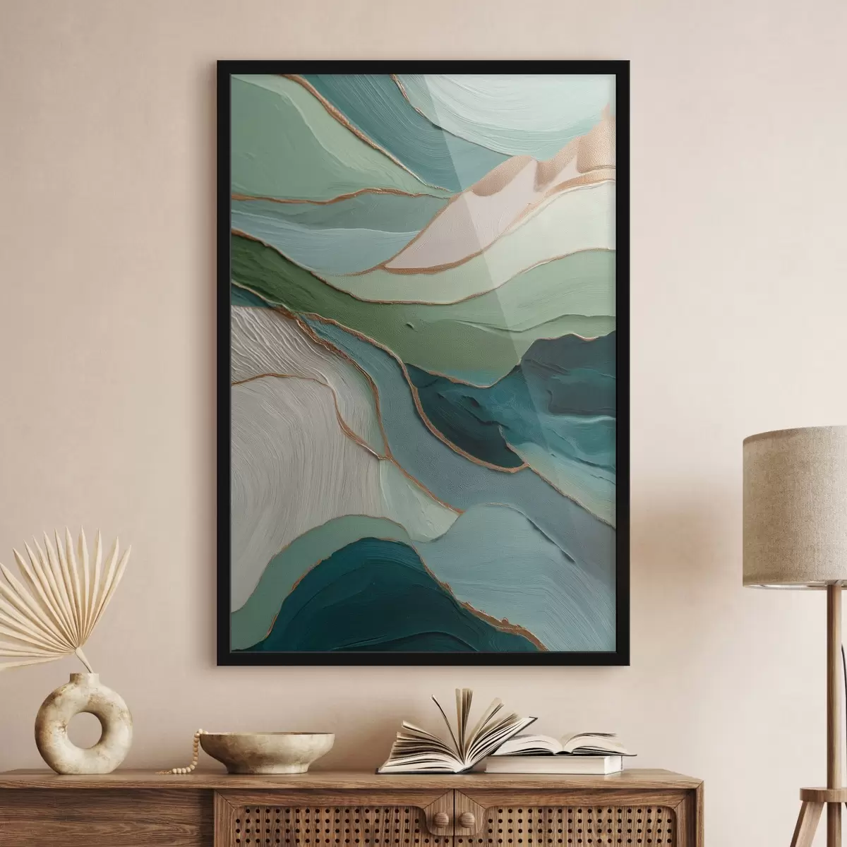 Poster Mehrschichtige grüne Abstraktion mit gelben Linien und Tiefe f45902