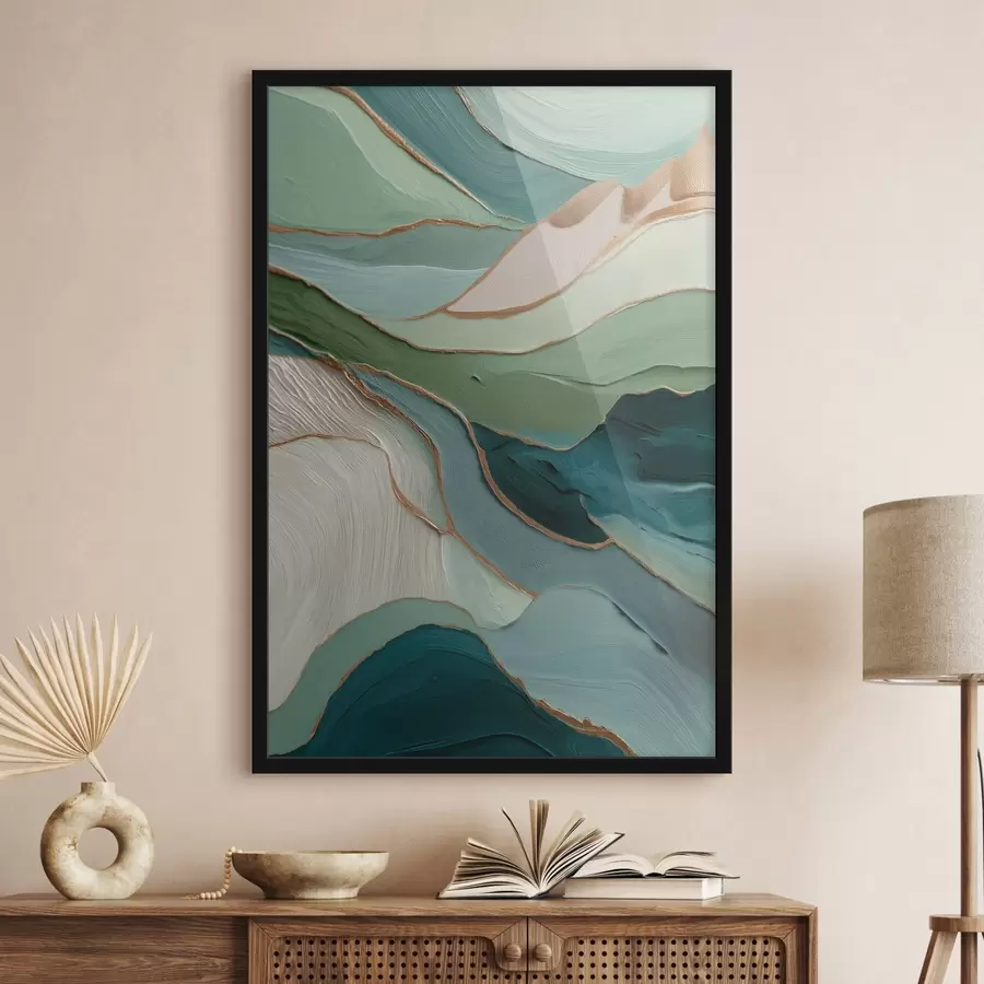 Fototapete Mehrschichtige grüne Abstraktion mit gelben Linien und Tiefe f45902