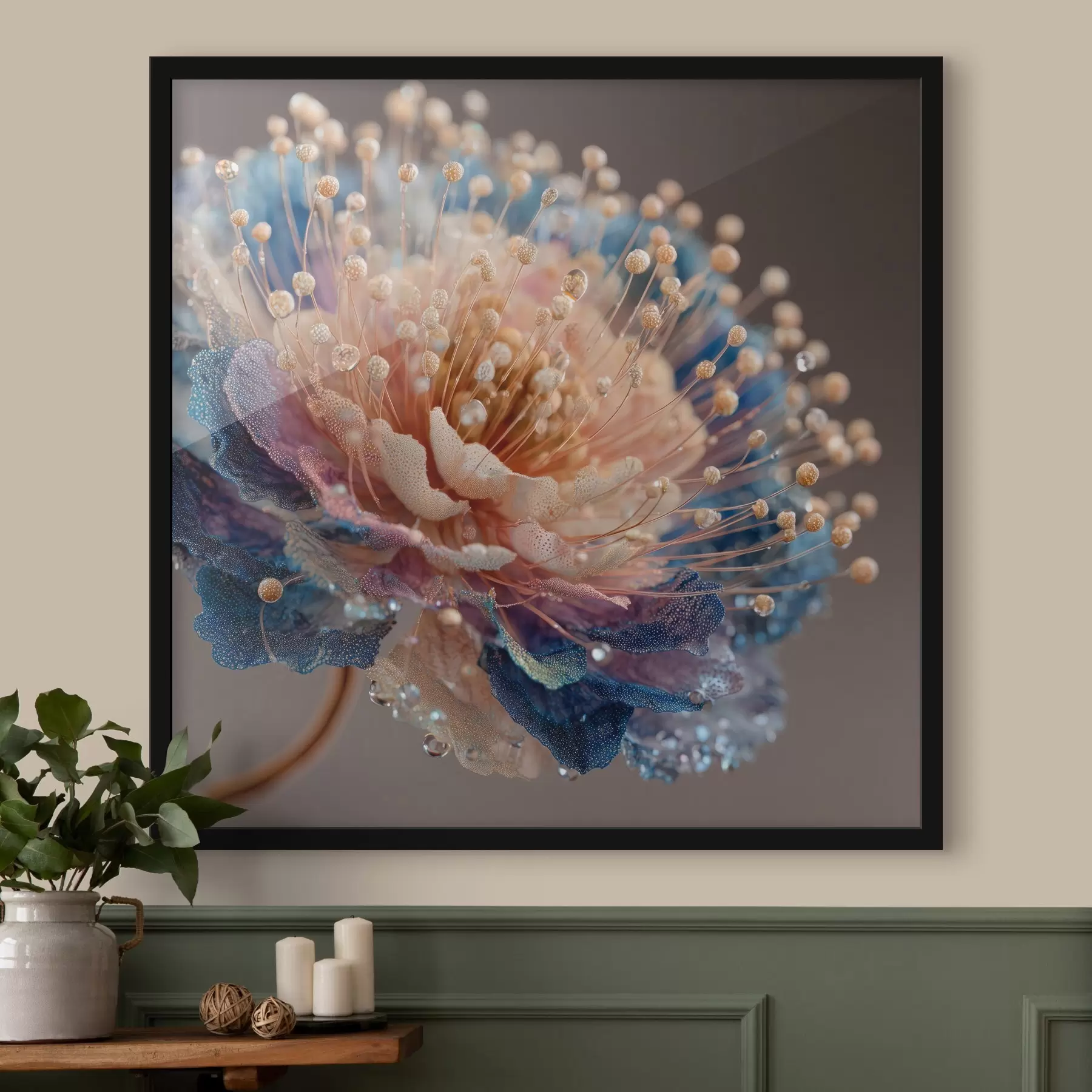 Fototapete Perlmuttfarbene Blume mit Tautropfen, pfirsich- und blaue Blütenblätter f45911