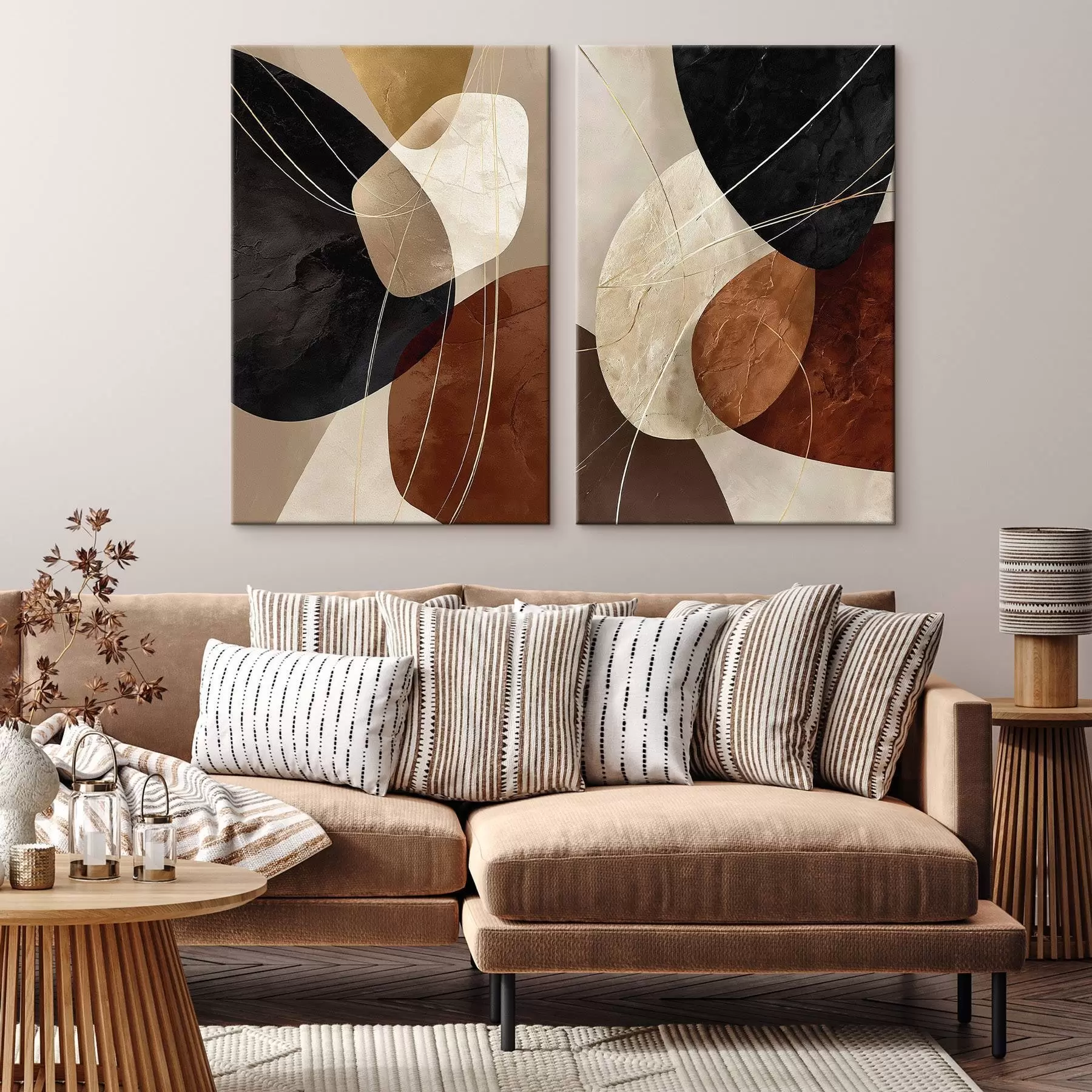 Wandbilder Geometrische Ovale in warmen Farben mit gelben Linien m00763