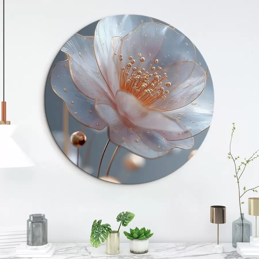 Wandbilder Durchscheinende Blume mit kupferfarbenen Staubblättern auf blauem Hintergrund r45880