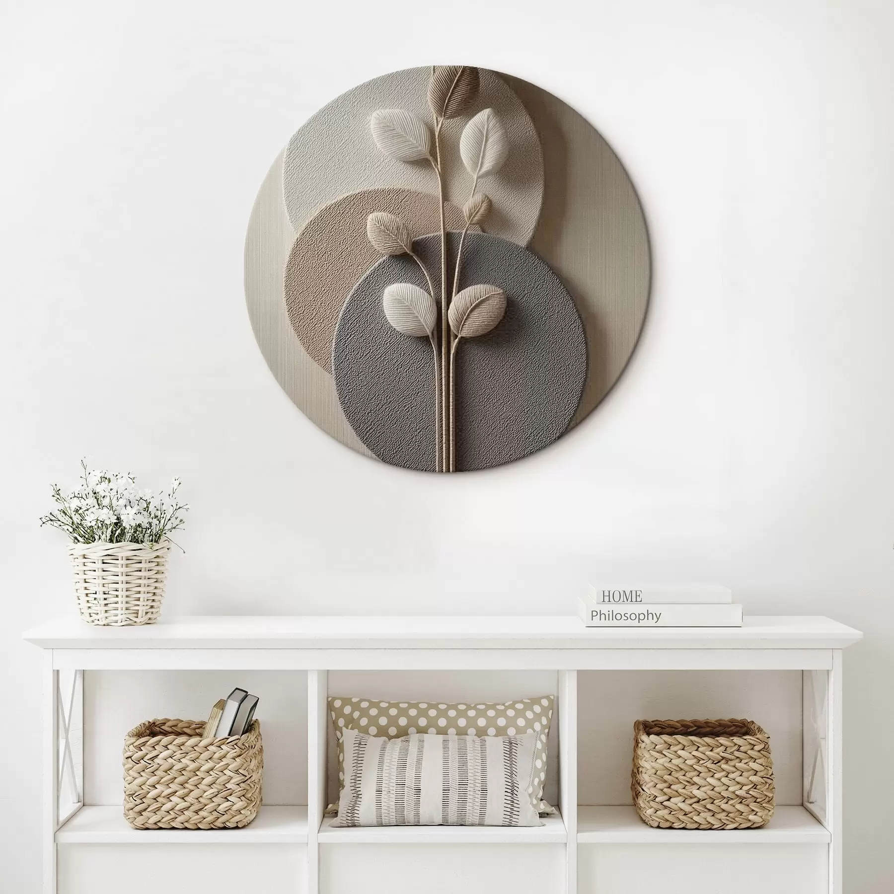 Wandbilder Reliefkreise und ein Ast in warmen, neutralen Farbtönen r45883