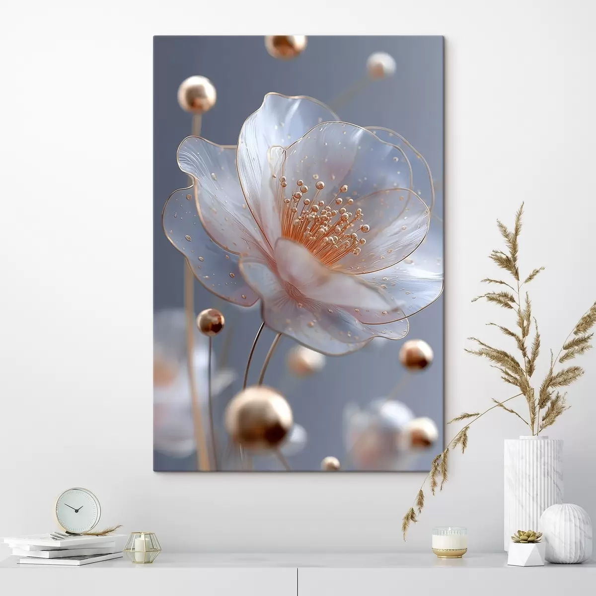 Wandbilder Durchscheinende Blume mit kupferfarbenen Staubblättern auf blauem Hintergrund s45880