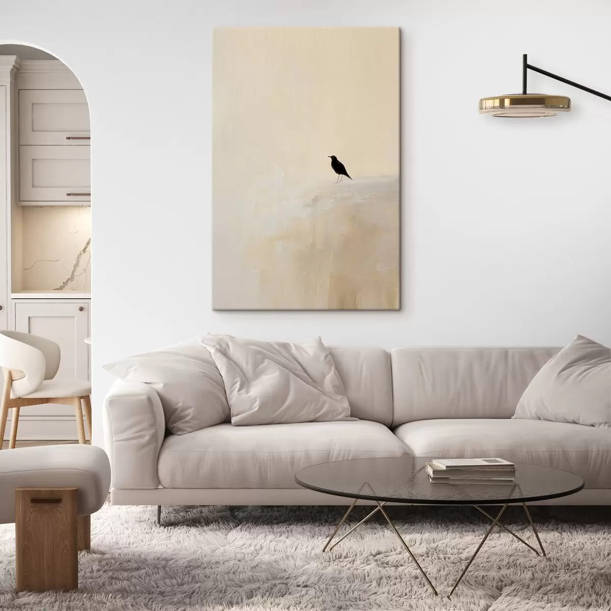 Wandbilder Einsamer Vogel auf warmem beigem Hintergrund s45882