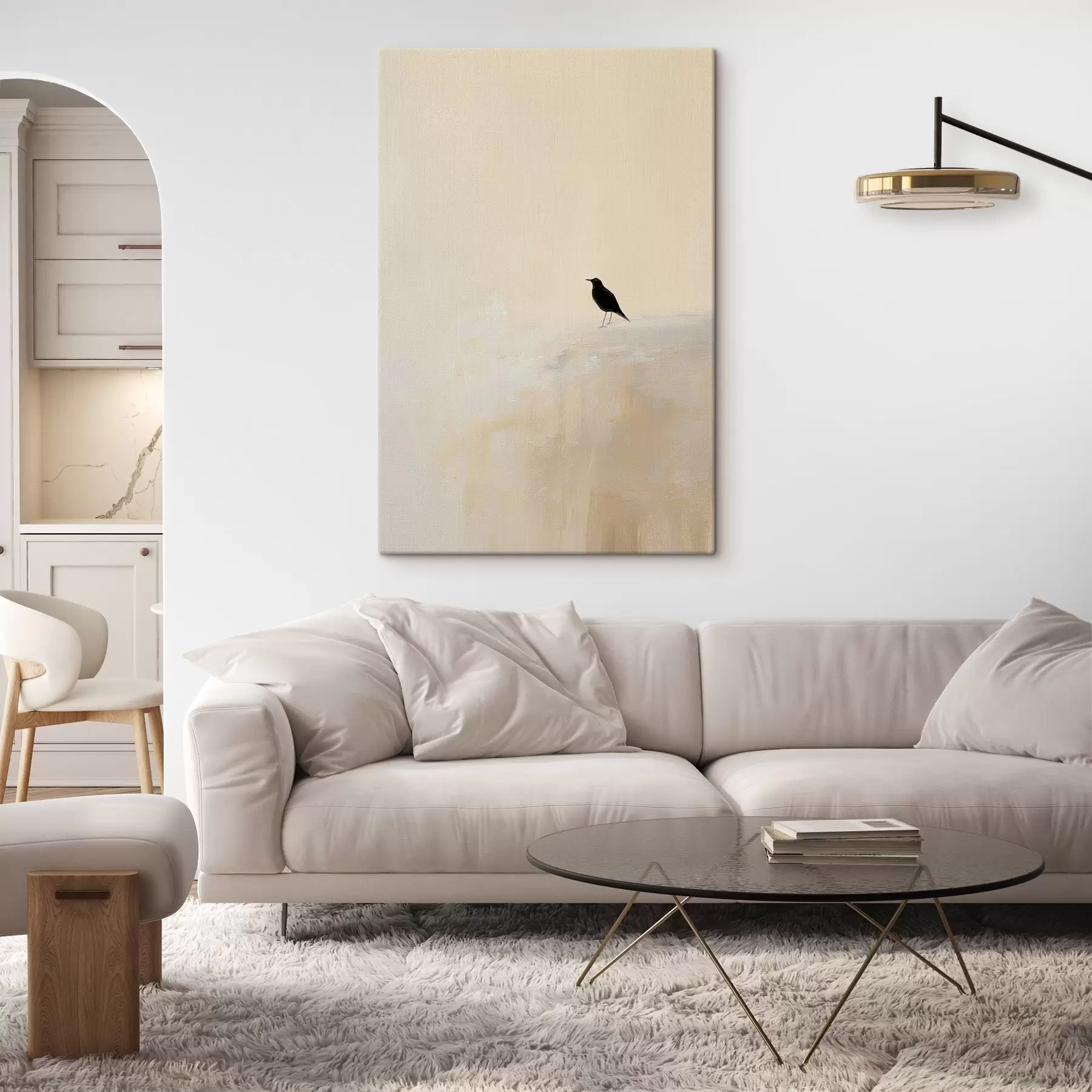 Wandbilder Einsamer Vogel auf warmem beigem Hintergrund s45882