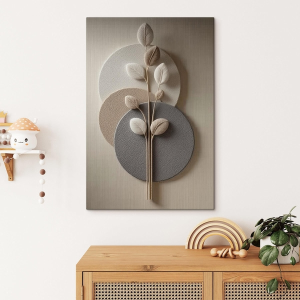 Wandbild Reliefkreise und ein Ast in warmen, neutralen Farbtönen, Leinwandbilder Minimalismus, s45883 : Uwalls.at