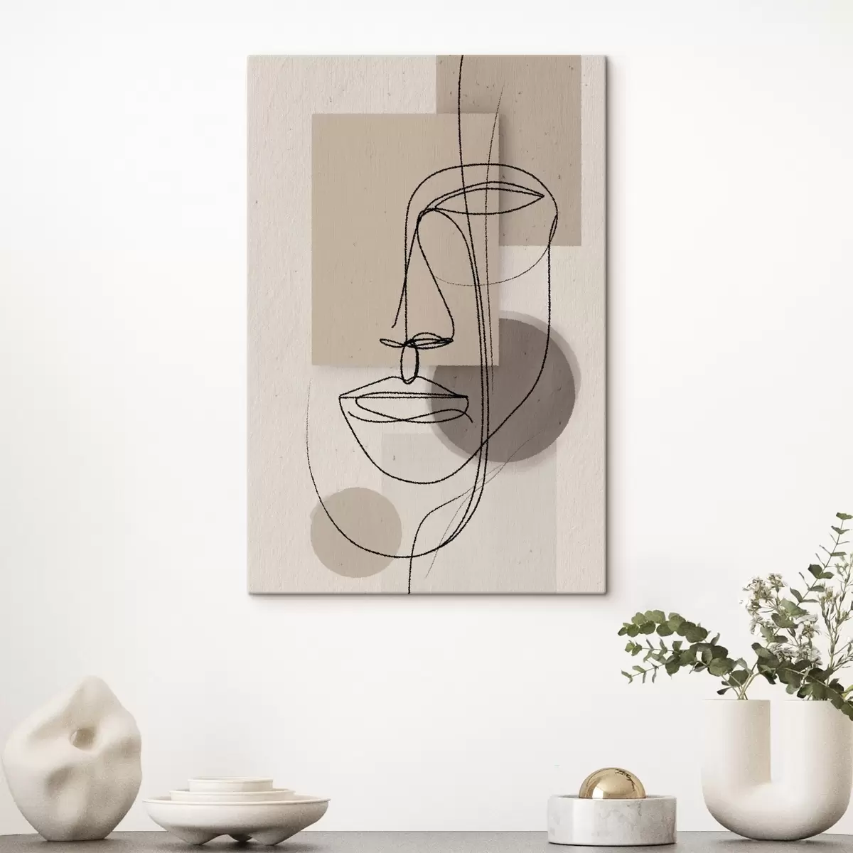 Wandbilder Linienporträt über beigen geometrischen Formen s45886