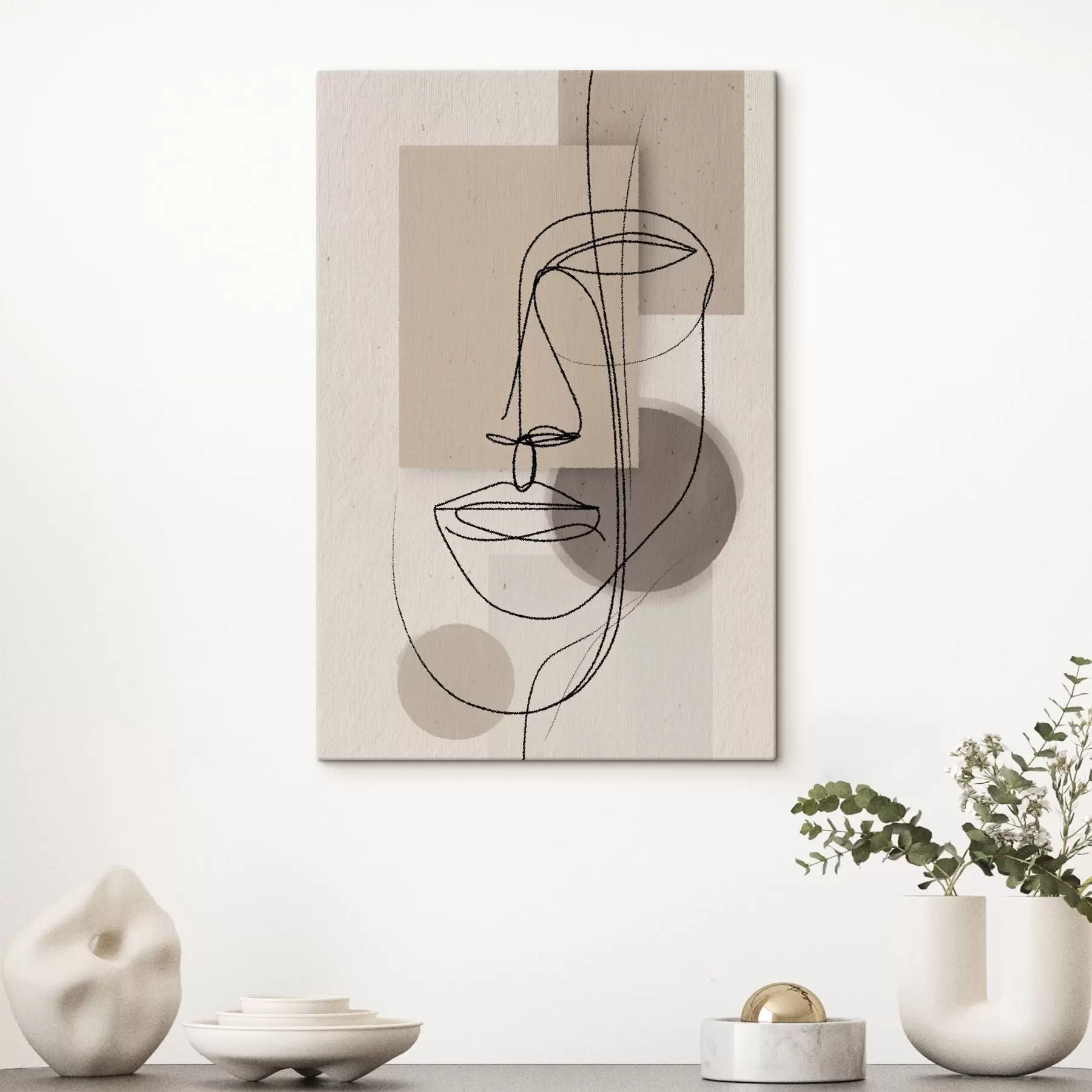 Wandbilder Linienporträt über beigen geometrischen Formen s45886