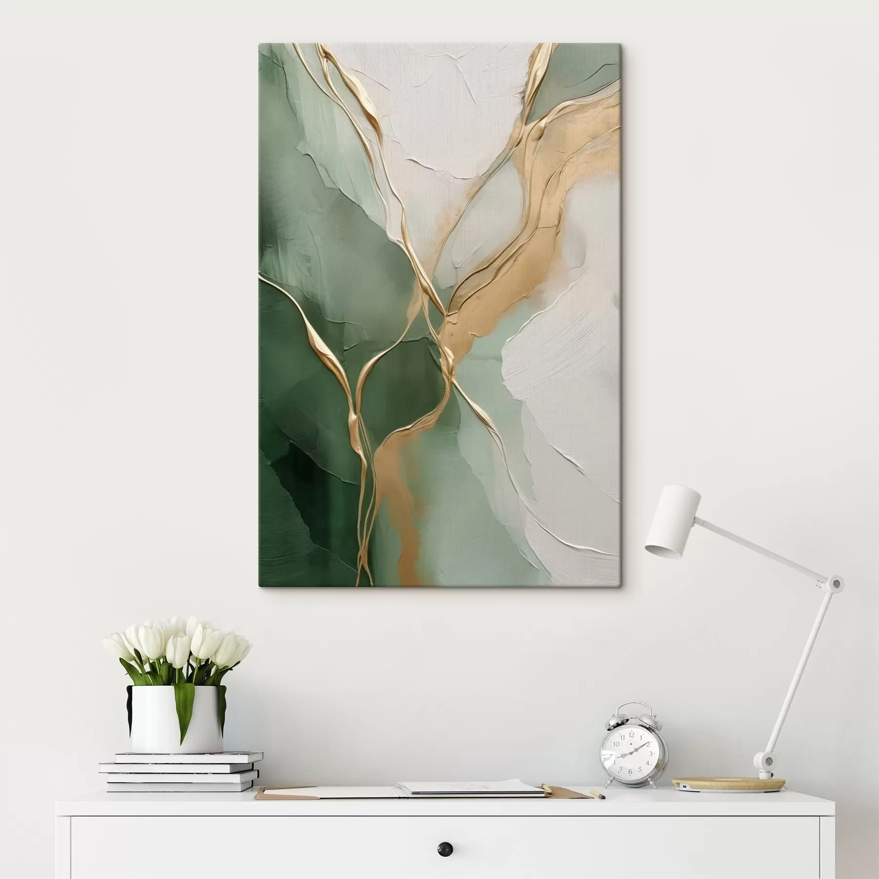 Fototapete Smaragdgrün-cremefarbene Abstraktion mit gelben Rinnsalen s45887