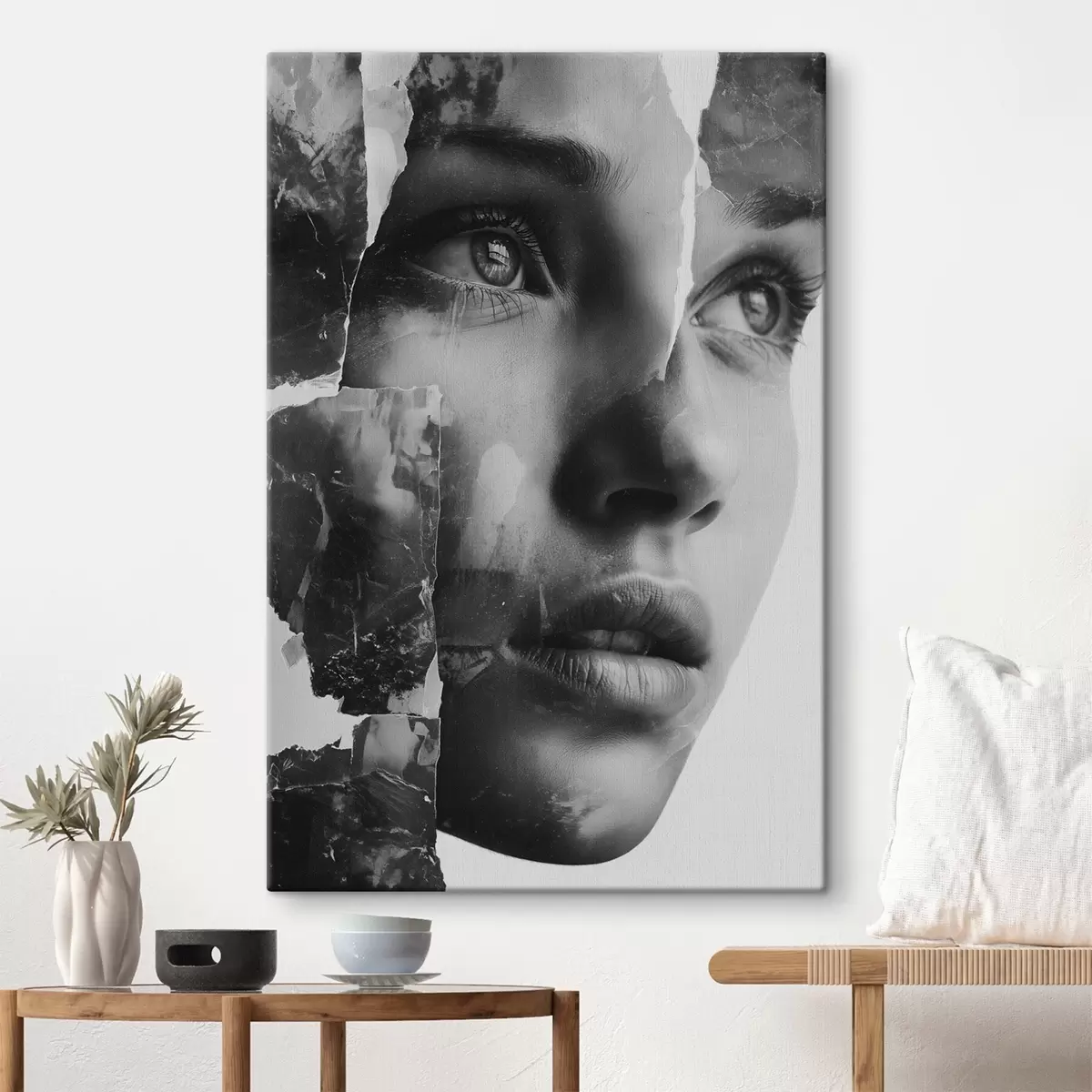 Wandbilder Schwarz-Weiß-Collage-Porträt mit zerrissenen strukturierten Schichten s45898