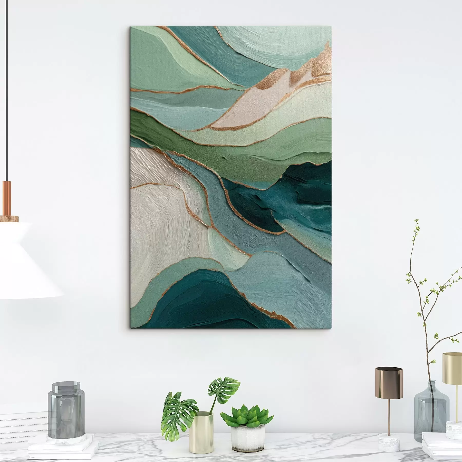 Wandbilder Mehrschichtige grüne Abstraktion mit gelben Linien und Tiefe s45902