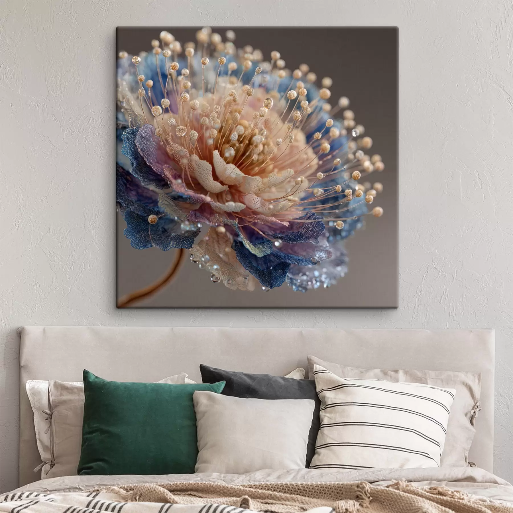 Wandbilder Perlmuttfarbene Blume mit Tautropfen, pfirsich- und blaue Blütenblätter s45911