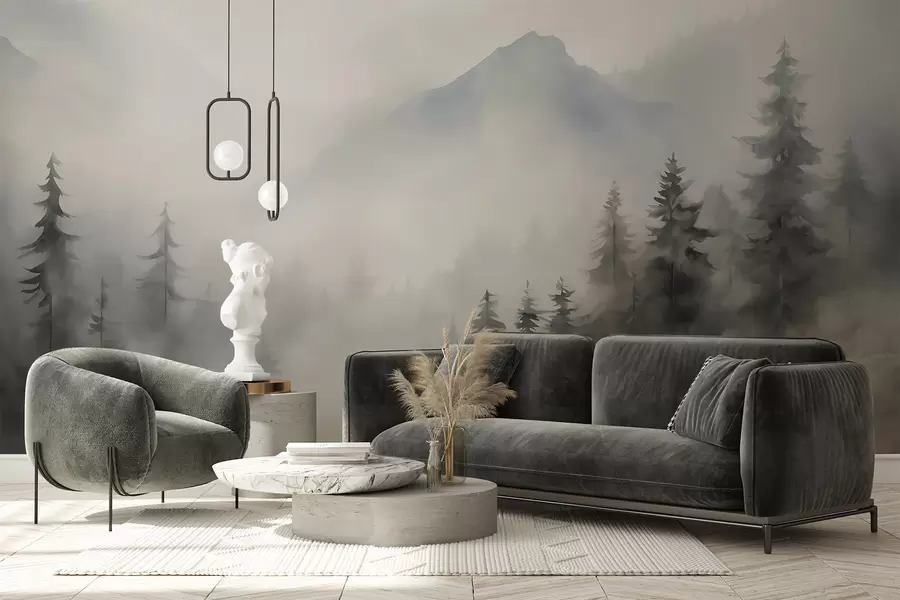 Fototapete Wald im Nebel vor dem Hintergrund der Berge w04493