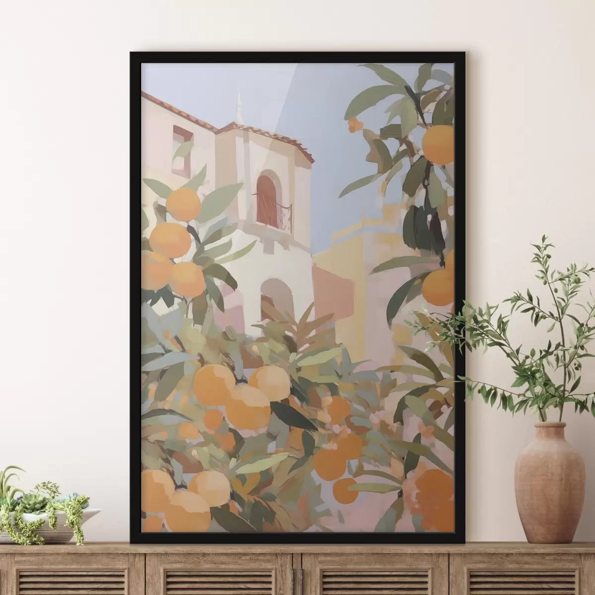 Poster Orangen an einem Ast vor dem Haus f46060