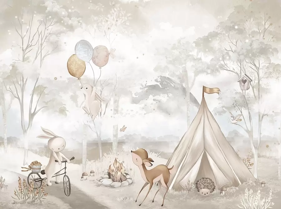 Fototapete Kindercamp in warmen Beigetönen, Zelt und Waldtiere w04671