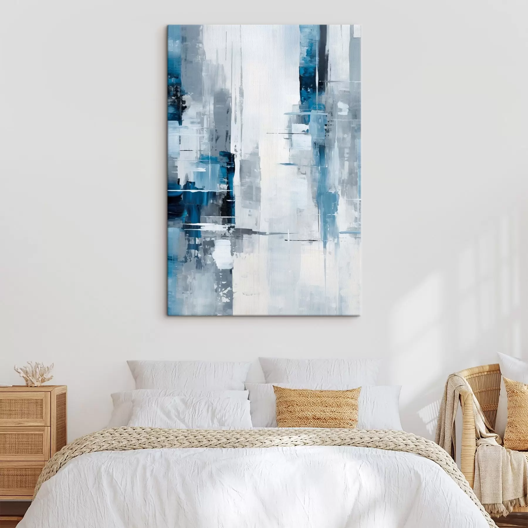 Wandbilder Abstrakte Malerei-Imitation mit blauen, grauen und weißen Farben, vertikalen Linien und geometrischen Formen s45926