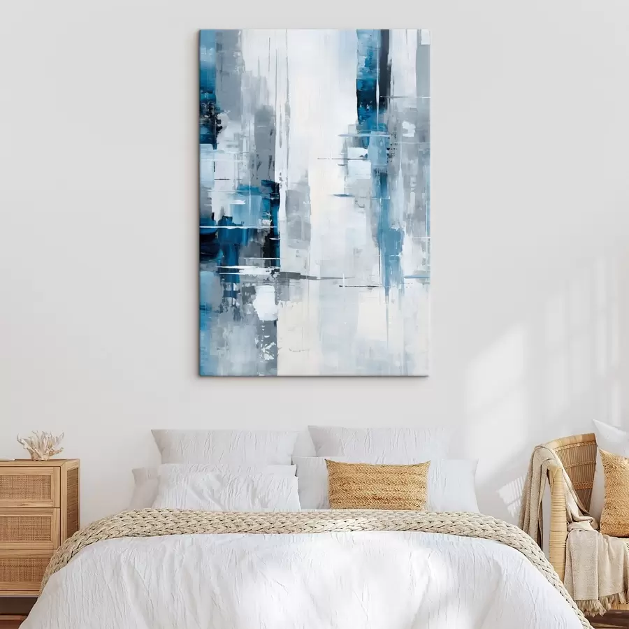 Wandbilder Abstrakte Malerei-Imitation mit blauen, grauen und weißen Farben, vertikalen Linien und geometrischen Formen s45926