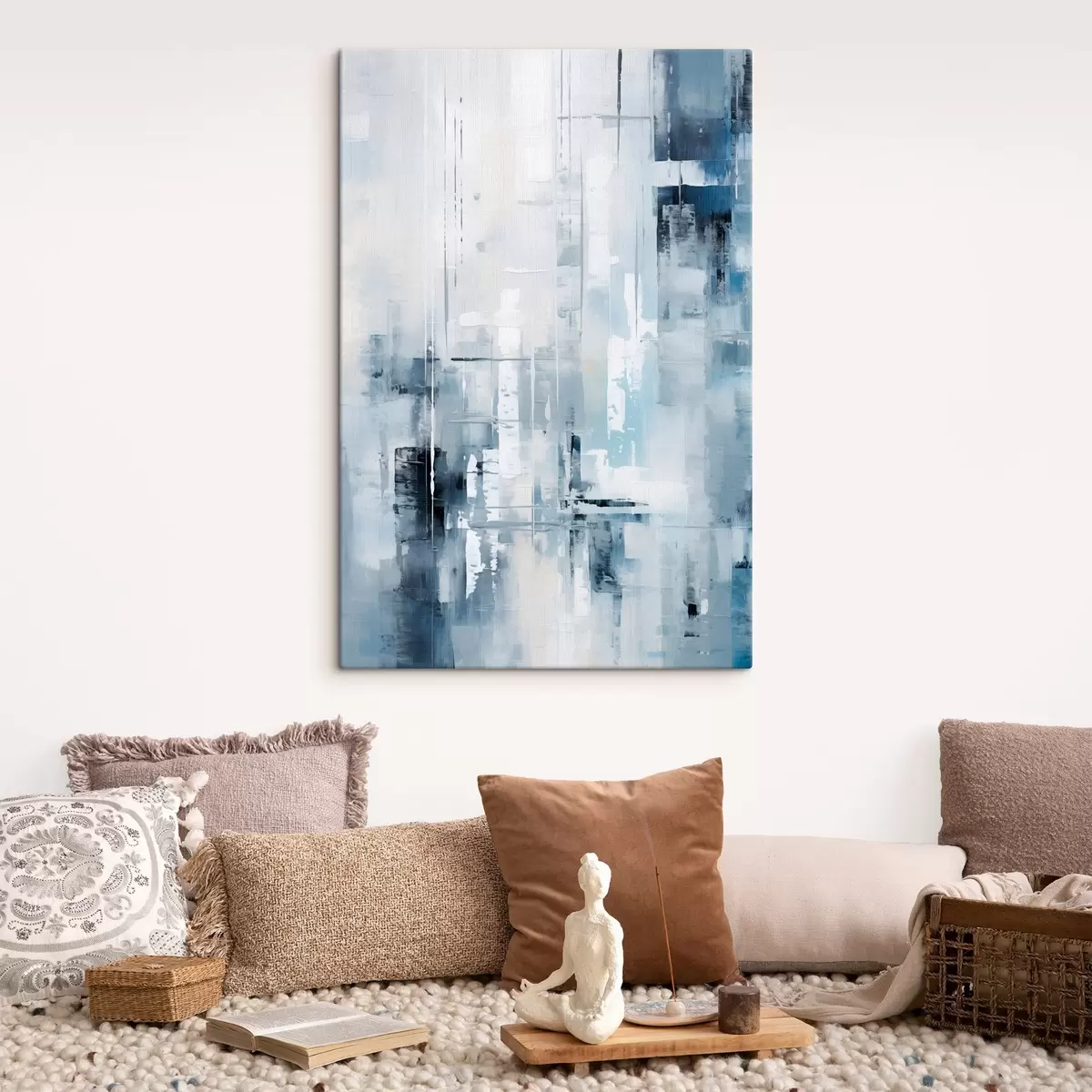 Wandbilder Abstrakte Malerei-Imitation mit blauen, grauen und weißen Farben, vertikalen Linien und geometrischen Formen s45927