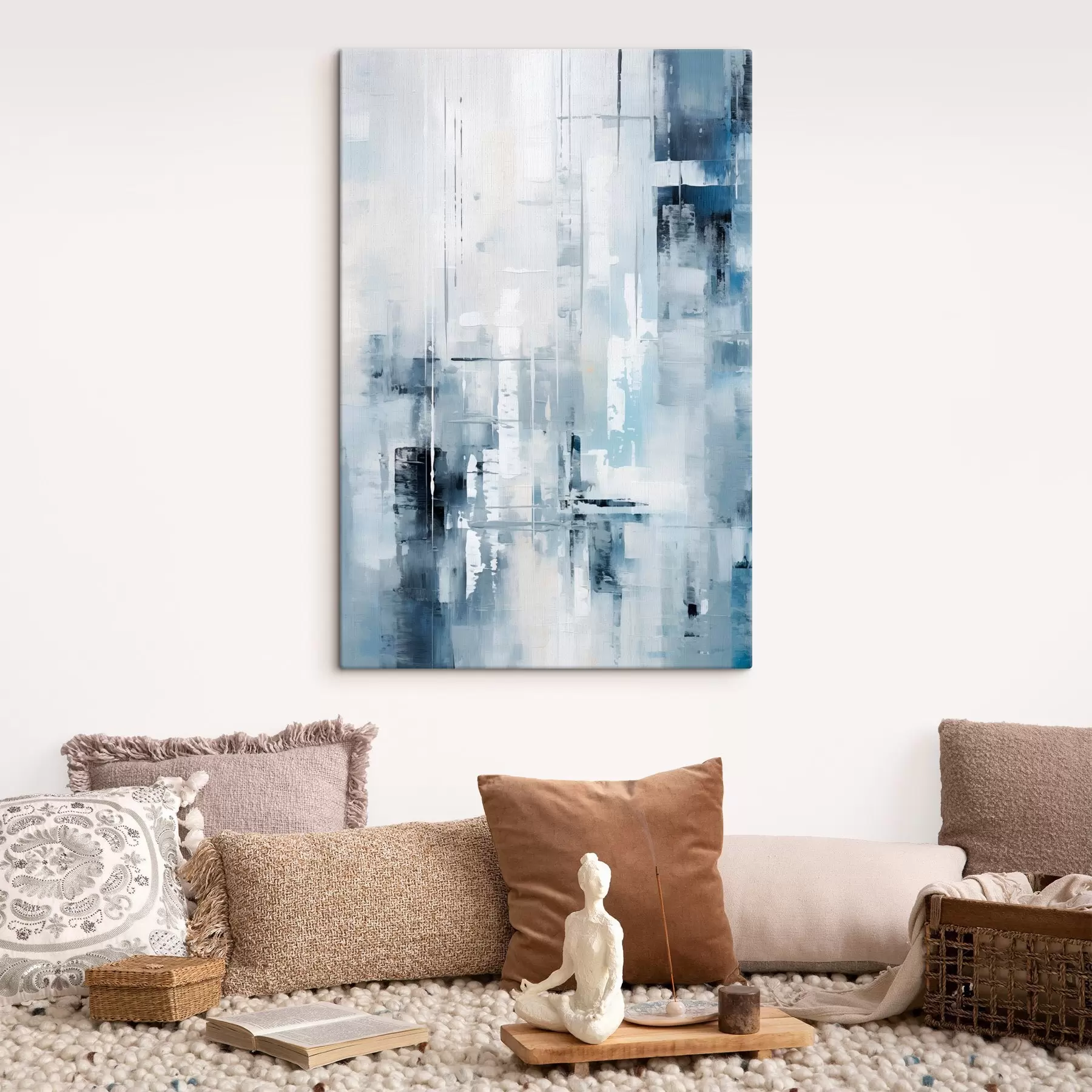 Wandbilder Abstrakte Malerei-Imitation mit blauen, grauen und weißen Farben, vertikalen Linien und geometrischen Formen s45927