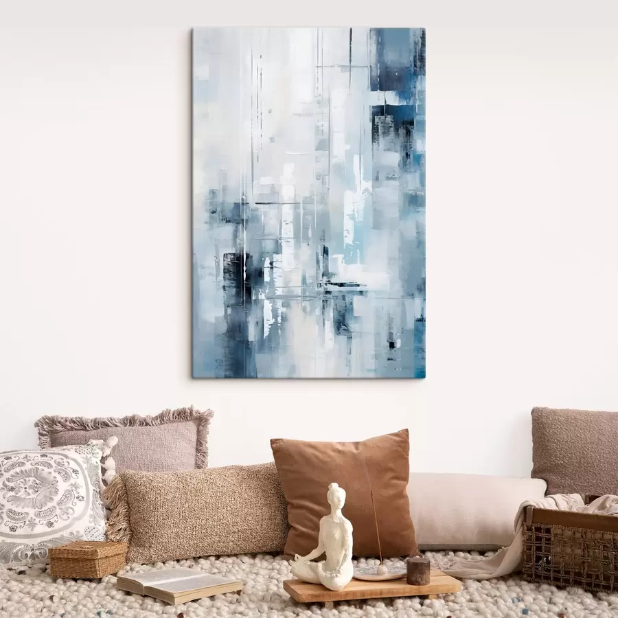 Wandbilder Abstrakte Malerei-Imitation mit blauen, grauen und weißen Farben, vertikalen Linien und geometrischen Formen s45927