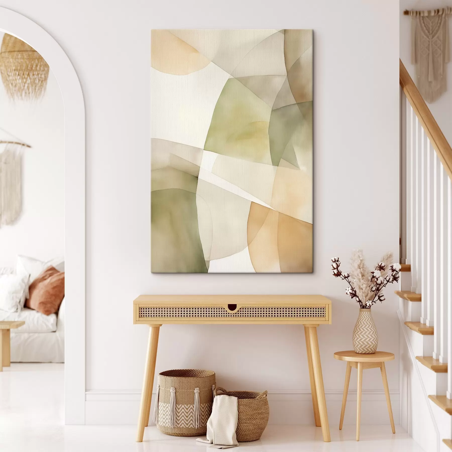 Wandbilder Abstrakte geometrische Formen mit Aquarellstruktur in Grün-, Braun- und Beigetönen s45928