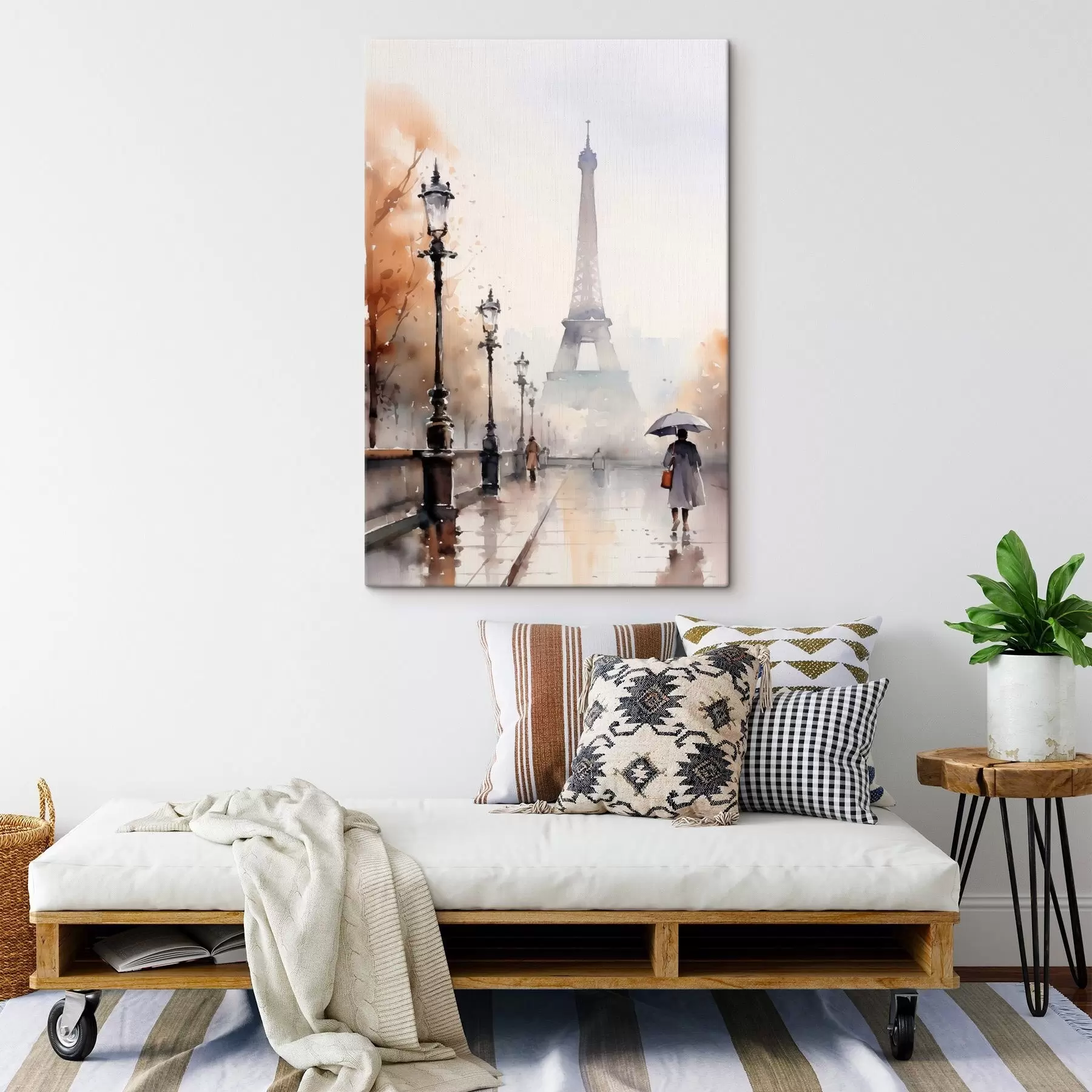 Wandbilder Ein regnerischer Tag in Paris mit dem Eiffelturm im Hintergrund und Vintage-Straßenlaternen s45930