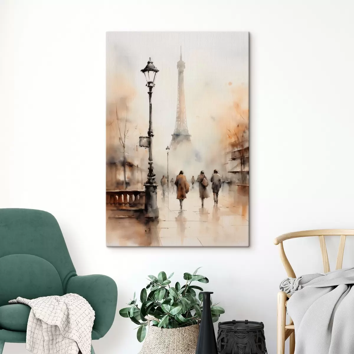 Wandbilder Ein regnerischer Herbsttag in Paris mit dem Eiffelturm im Hintergrund und Vintage-Straßenlaternen s45931