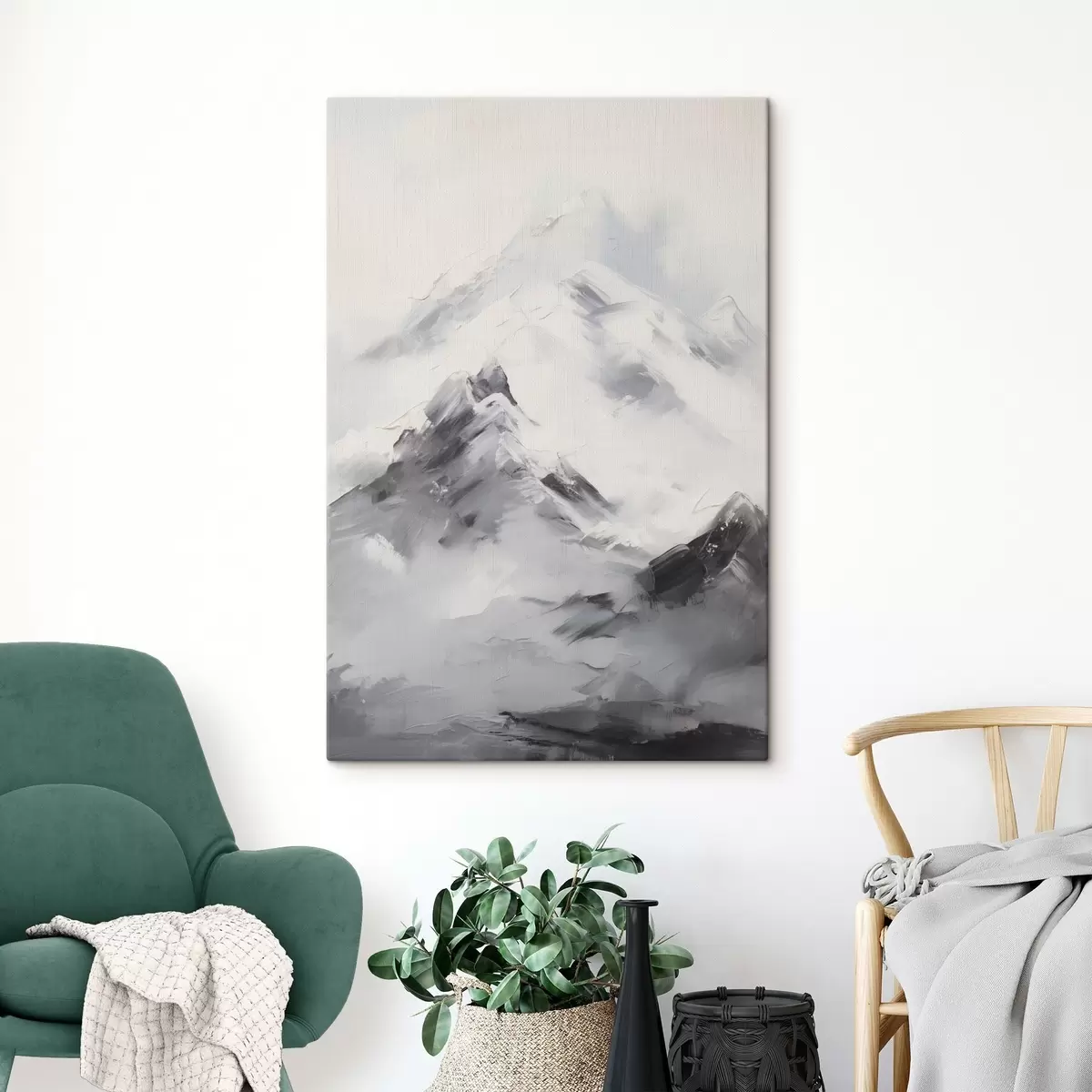 Wandbilder Verschneite Berggipfel mit grauen Schatten, grauer Himmel, Pinselstriche, strukturiert, minimalistisch s45933