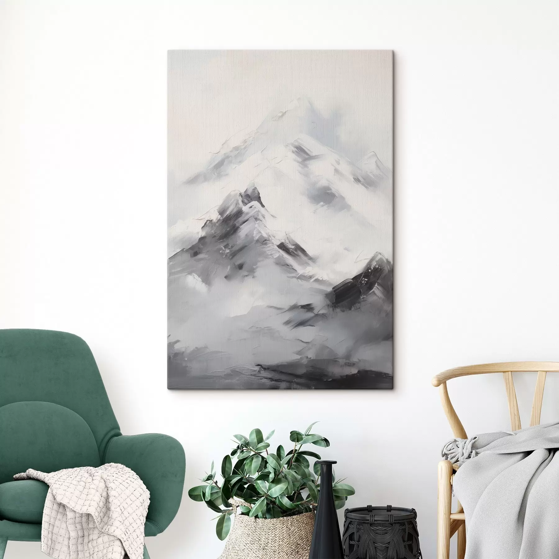 Fototapete Verschneite Berggipfel mit grauen Schatten, grauer Himmel, Pinselstriche, strukturiert, minimalistisch s45933