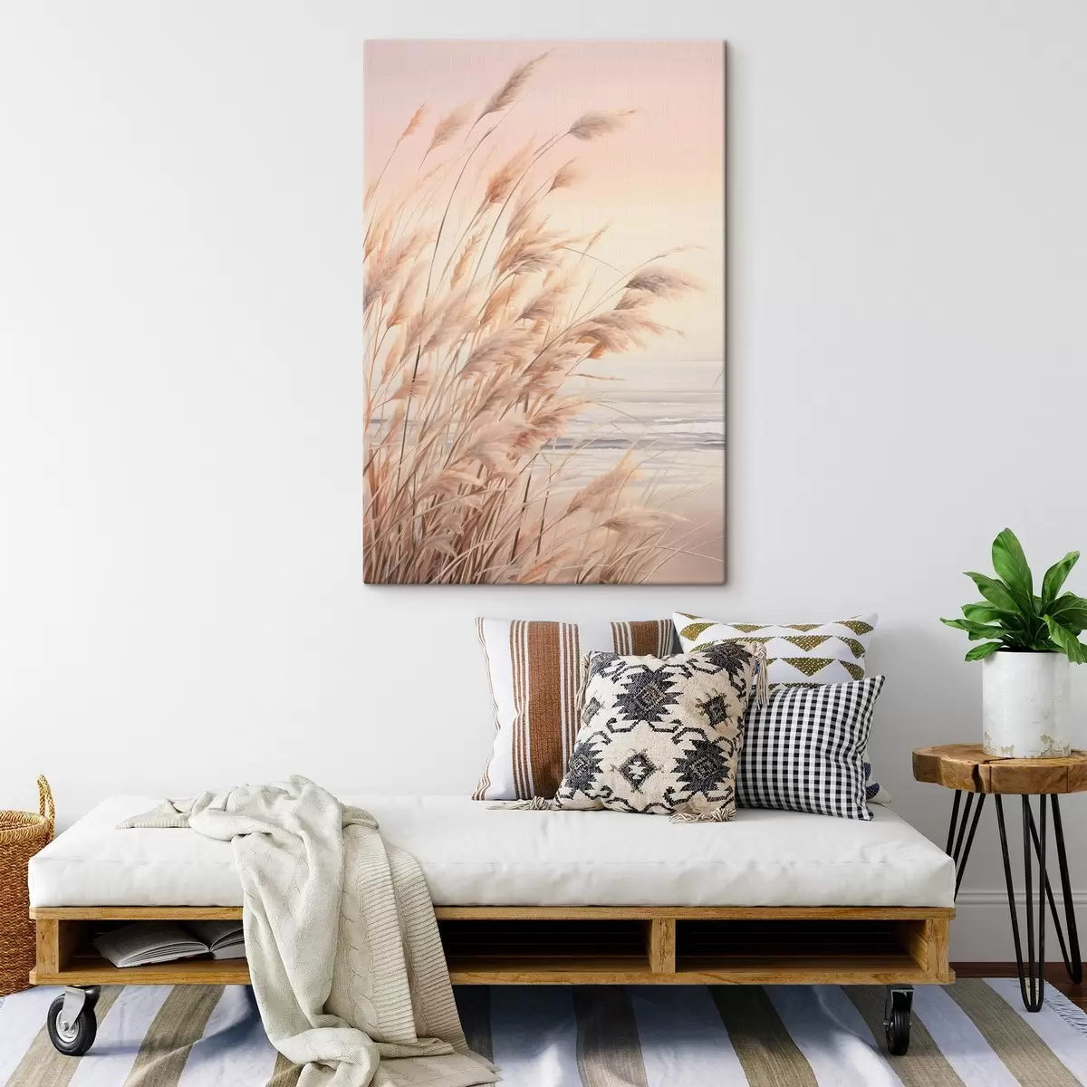 Wandbilder Pampasgras mit pastelloranger Farbpalette, hellrosa Himmel, eine ruhige Landschaft s45934