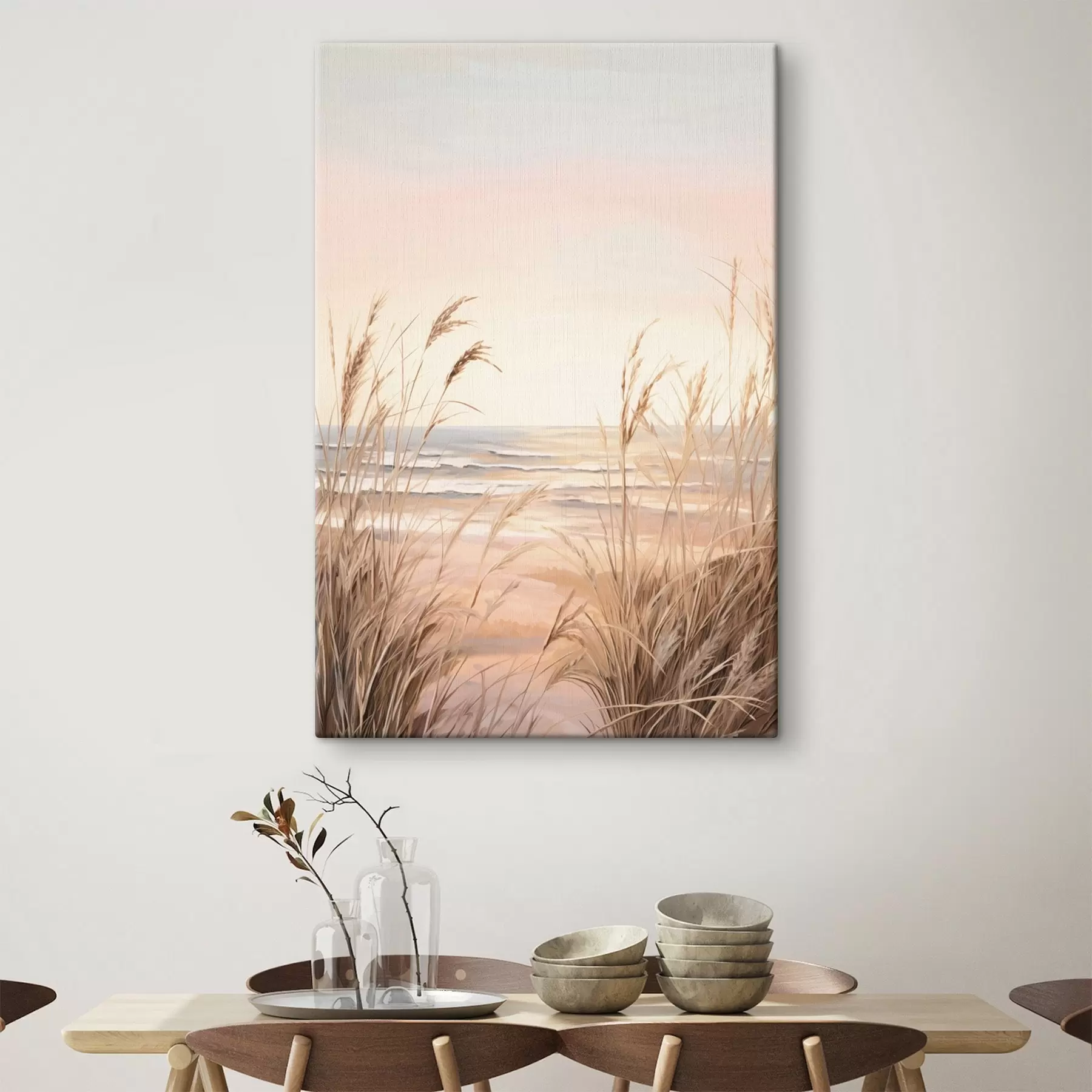Wandbilder Pampasgras mit pastelloranger Farbpalette, hellrosa Himmel, eine ruhige Landschaft s45935