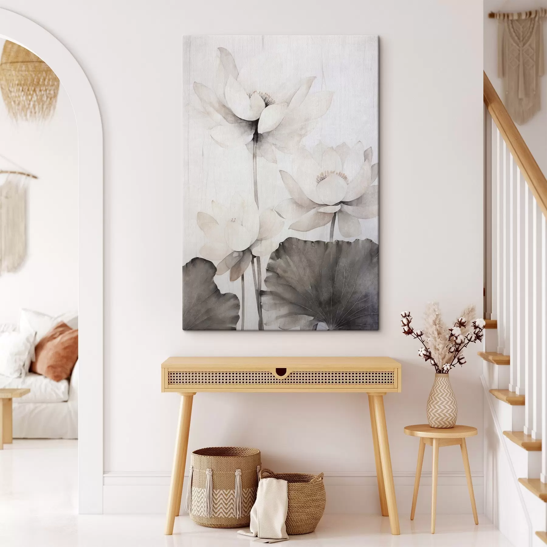 Wandbilder Weiße Lotusblumen mit dunkler Blattstruktur, heller Hintergrund, minimalistisches Design s45936