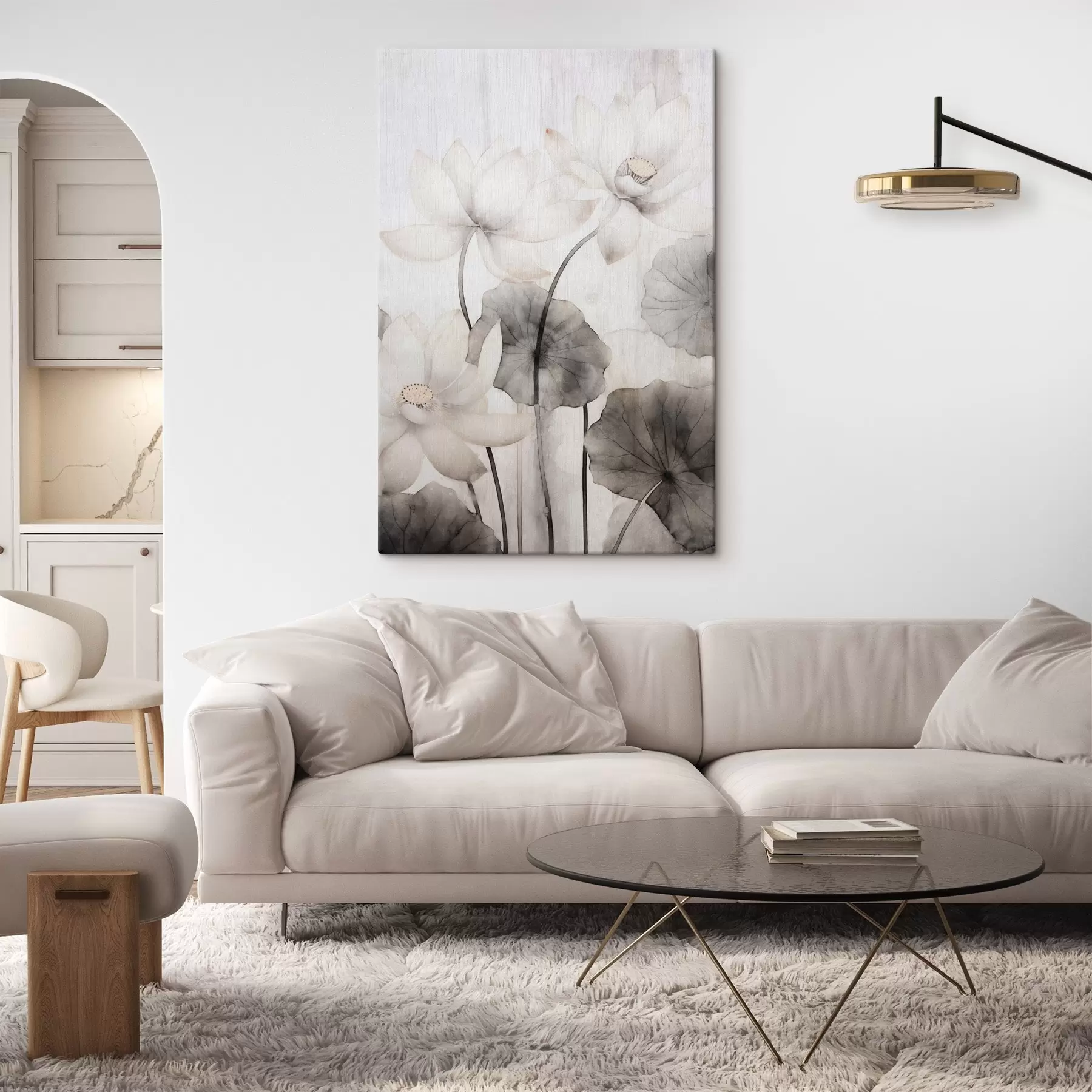 Wandbilder Weiße Lotusblumen mit dunkler Blattstruktur, heller Hintergrund, minimalistisches Design s45937