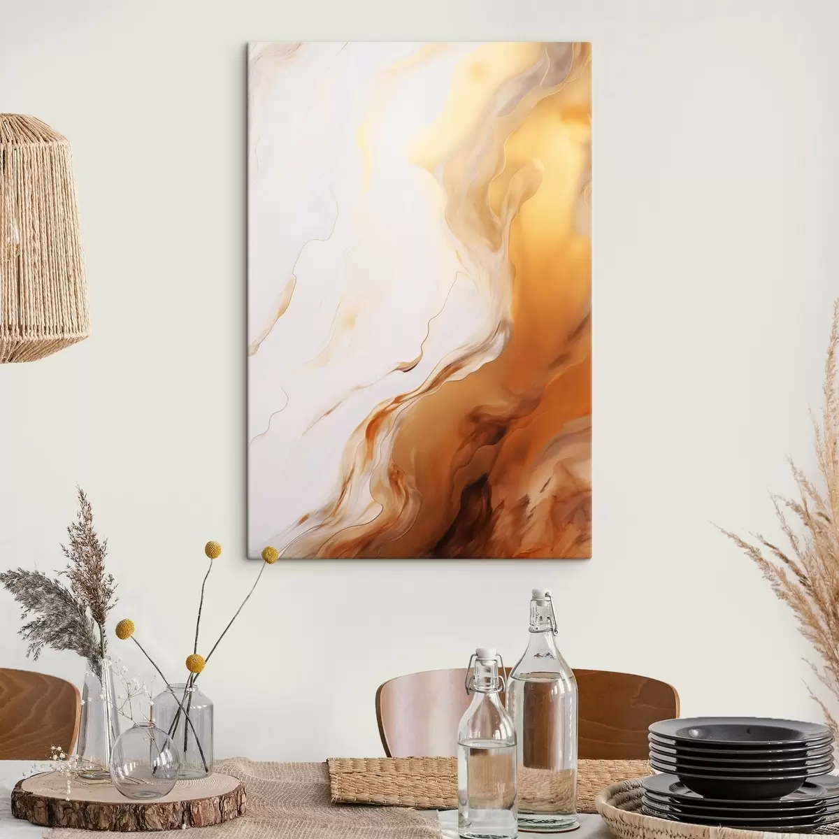 Wandbilder Abstrakte Malerei-Imitation in Weiß und Orange, Fluid Art mit wellenförmigen Linien, moderne Kunst s45939