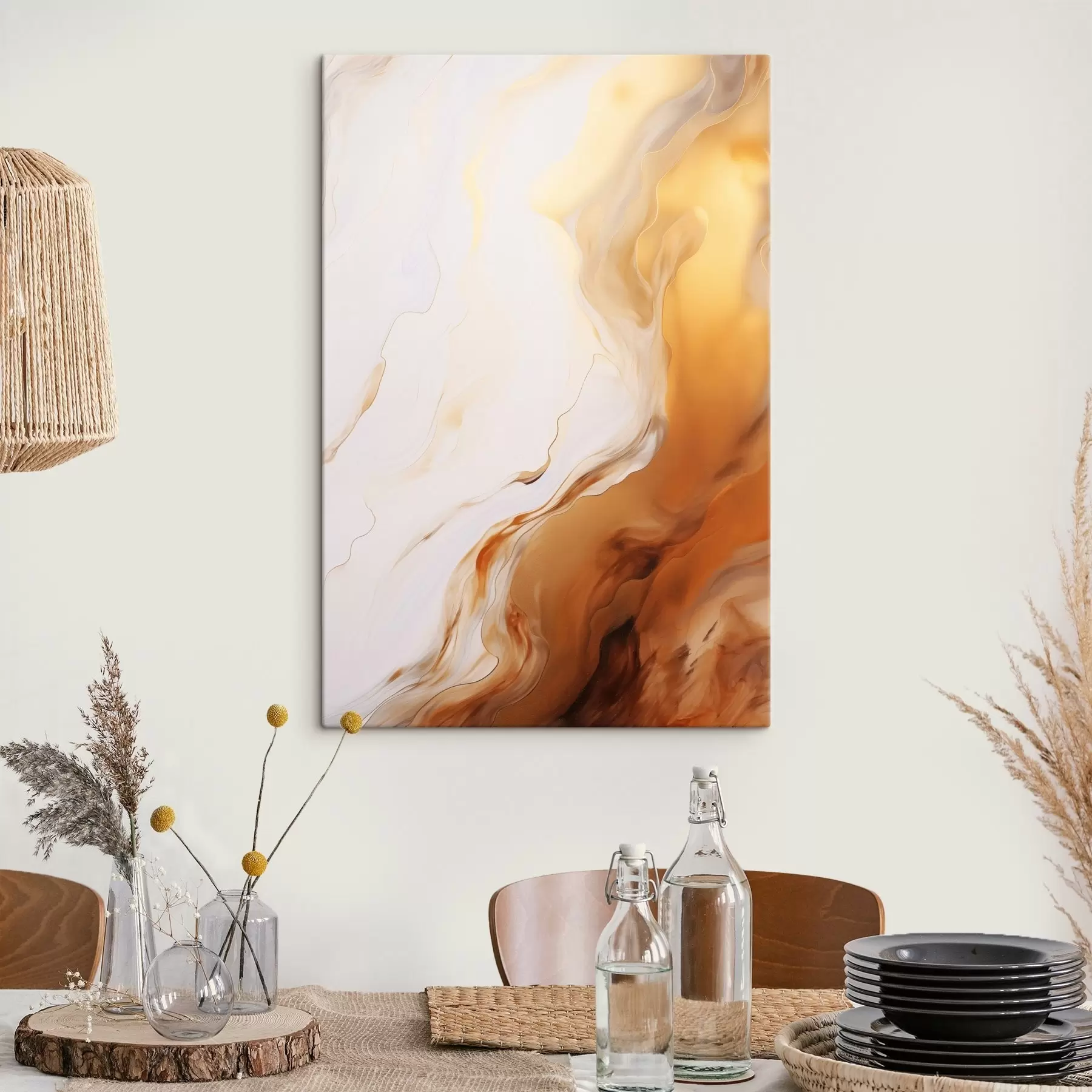 Wandbilder Abstrakte Malerei-Imitation in Weiß und Orange, Fluid Art mit wellenförmigen Linien, moderne Kunst s45939