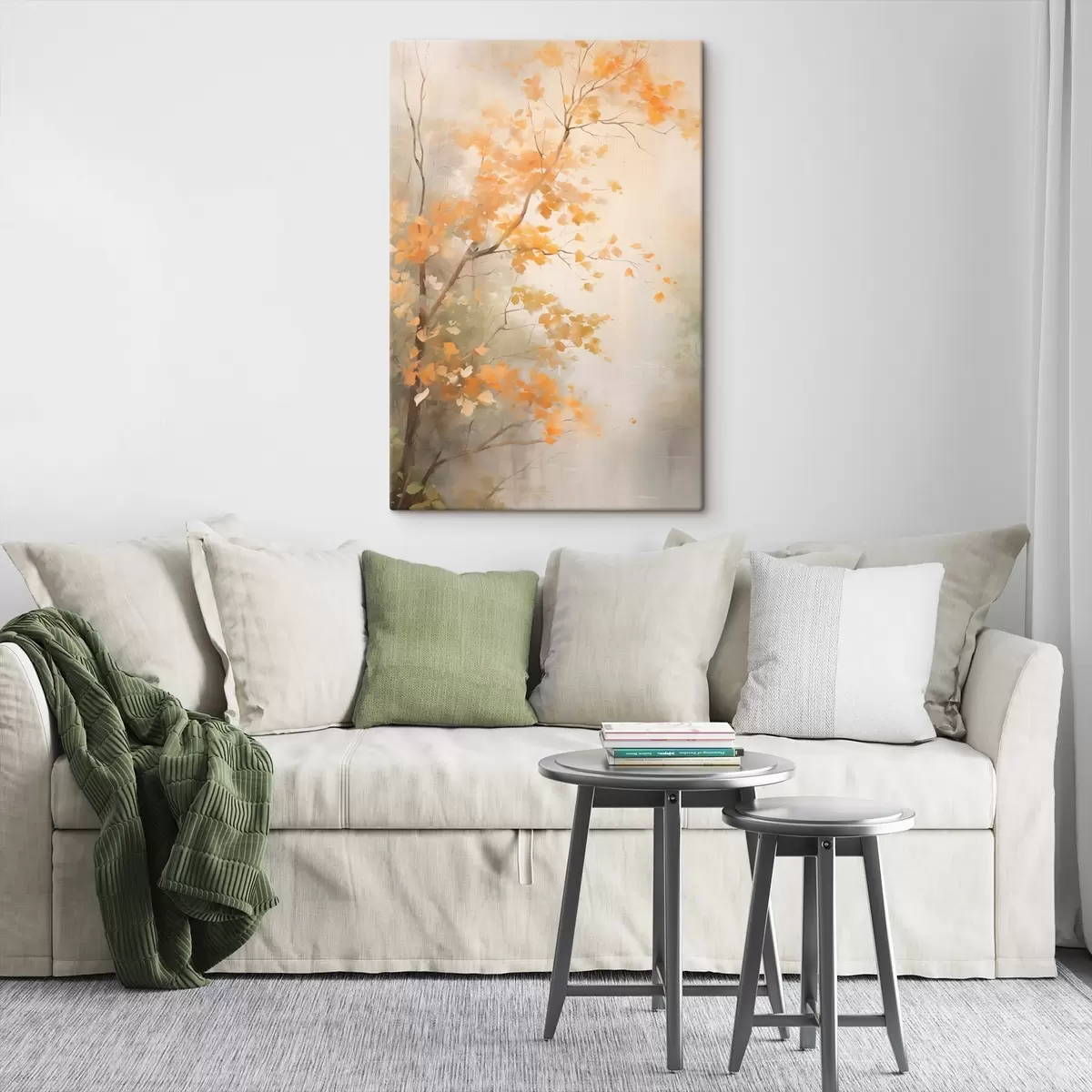 Wandbilder Herbstliche Äste mit orangefarbenen Blättern in einem Wald mit sanftem Licht s45940