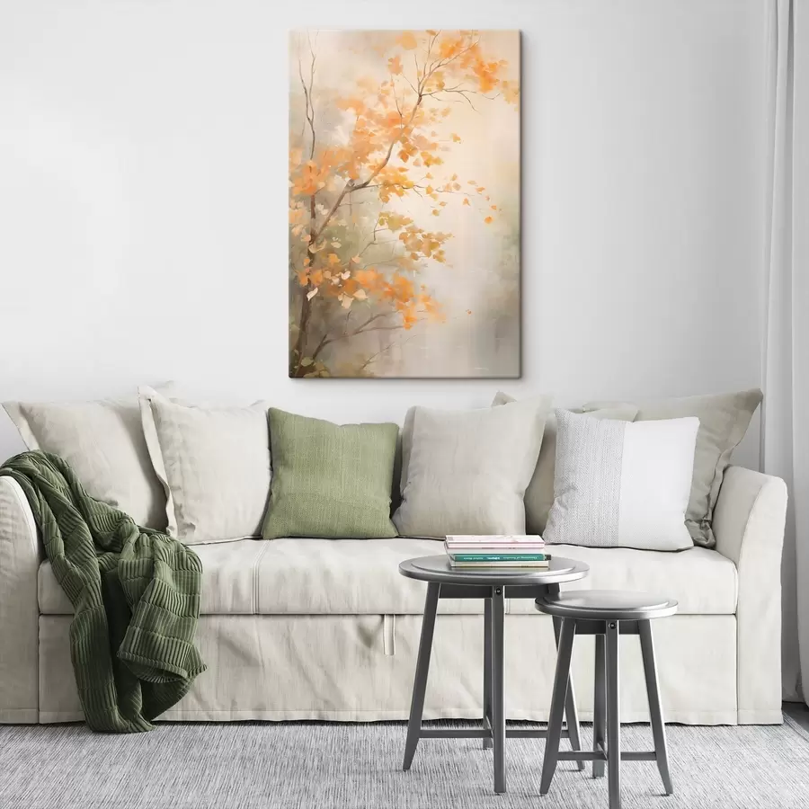 Wandbilder Herbstliche Äste mit orangefarbenen Blättern in einem Wald mit sanftem Licht s45940