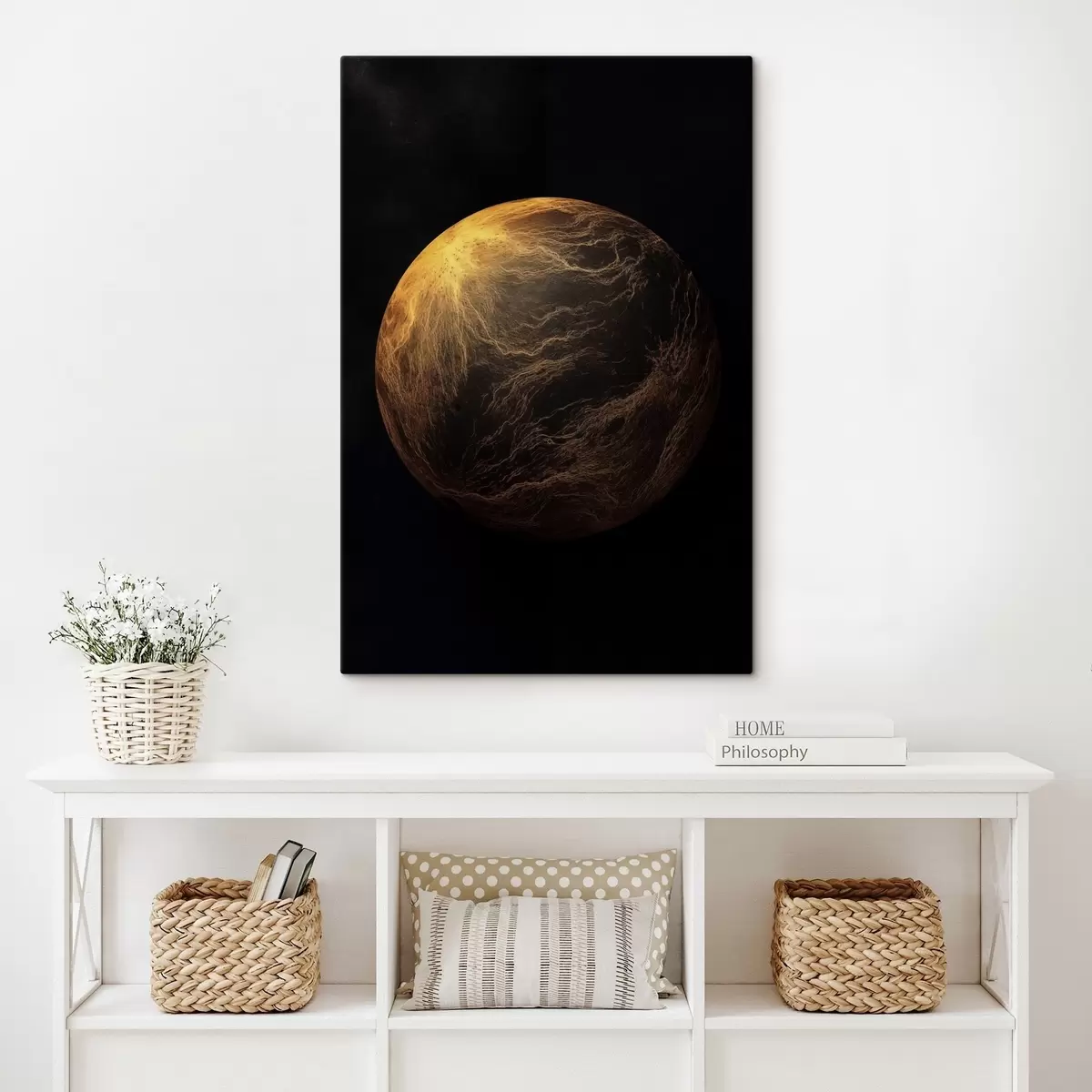 Wandbilder Abstrakter Planet mit orangefarbenen Adern vor schwarzem Weltraumhintergrund, moderne minimalistische Kunst s45943