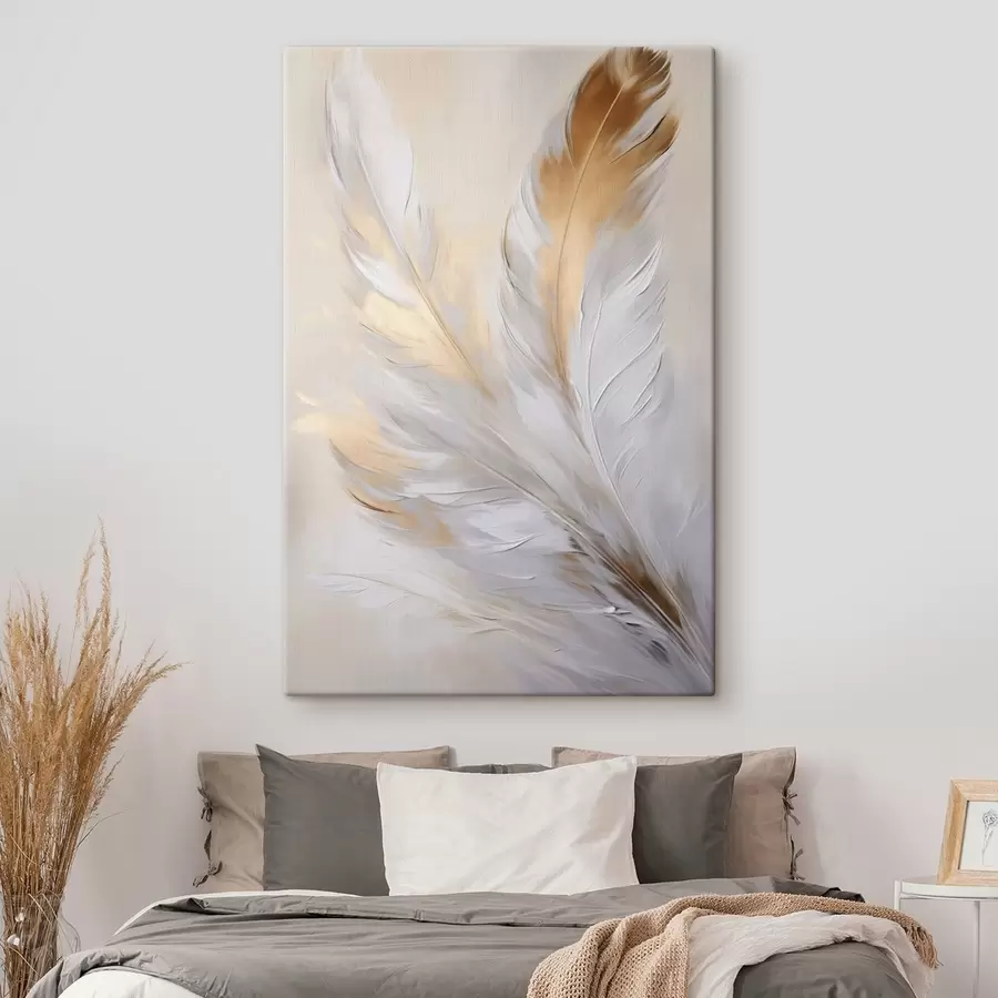 Wandbilder Federn mit orangefarbenen Akzenten, sanfte Beleuchtung, strukturierte minimalistische Komposition, moderne Kunst s45944