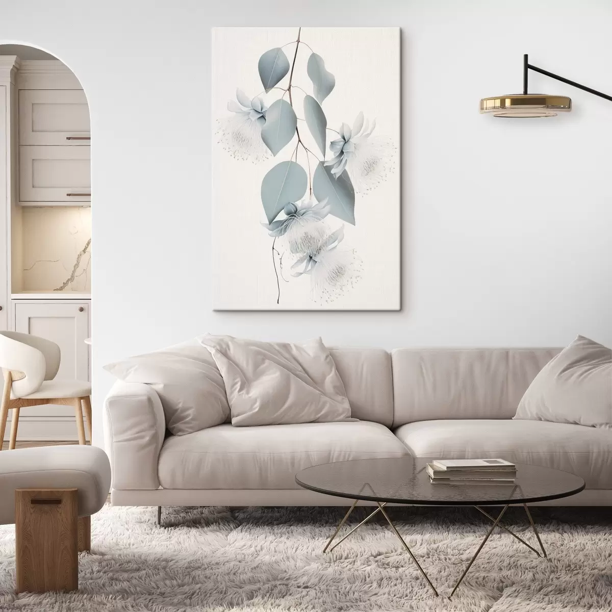 Wandbilder Eukalyptuszweig mit blauen Blättern und weißen Blüten, heller Hintergrund s45947