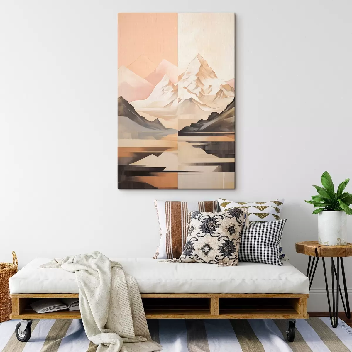 Wandbilder Abstrakte Landschaft mit Bergen und einem See, Pastellfarben, minimalistischer Stil s45948